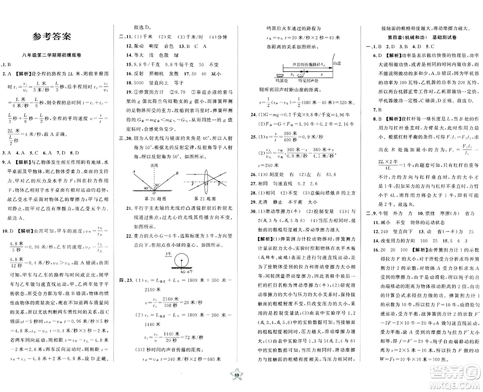安徽人民出版社2024年春一卷搞定八年級(jí)物理下冊(cè)上海專版答案