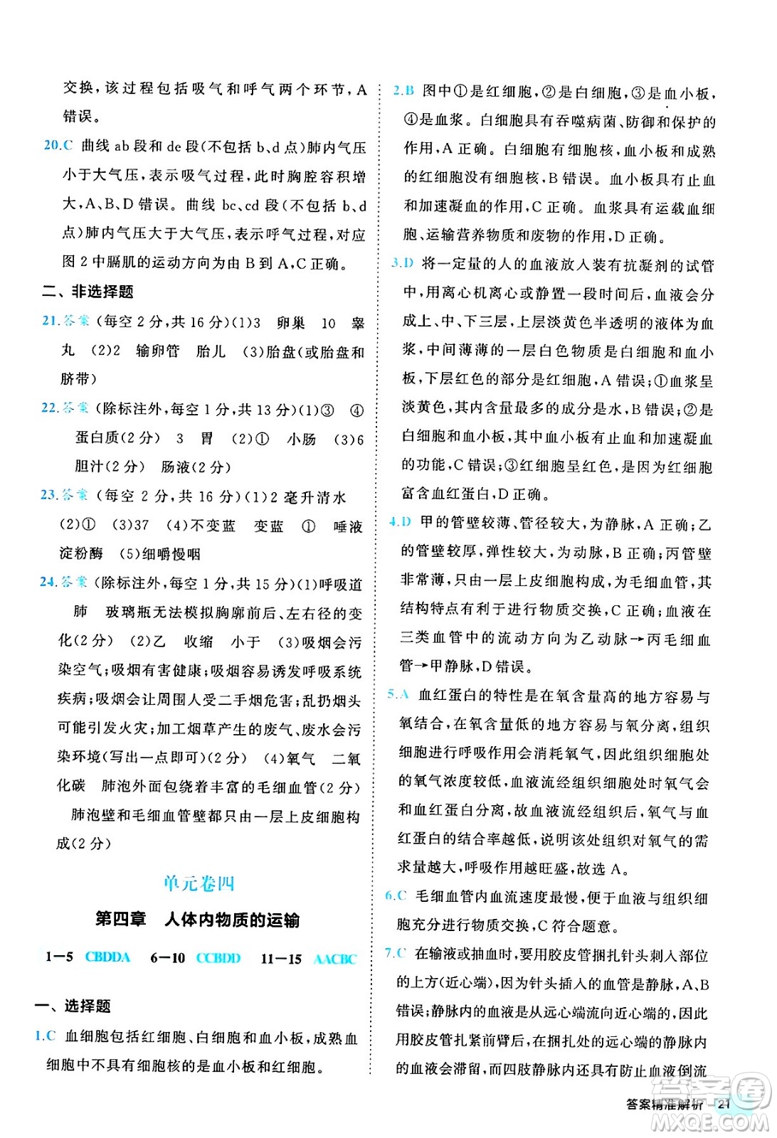 西安出版社2024年春53初中全優(yōu)卷七年級生物下冊人教版答案