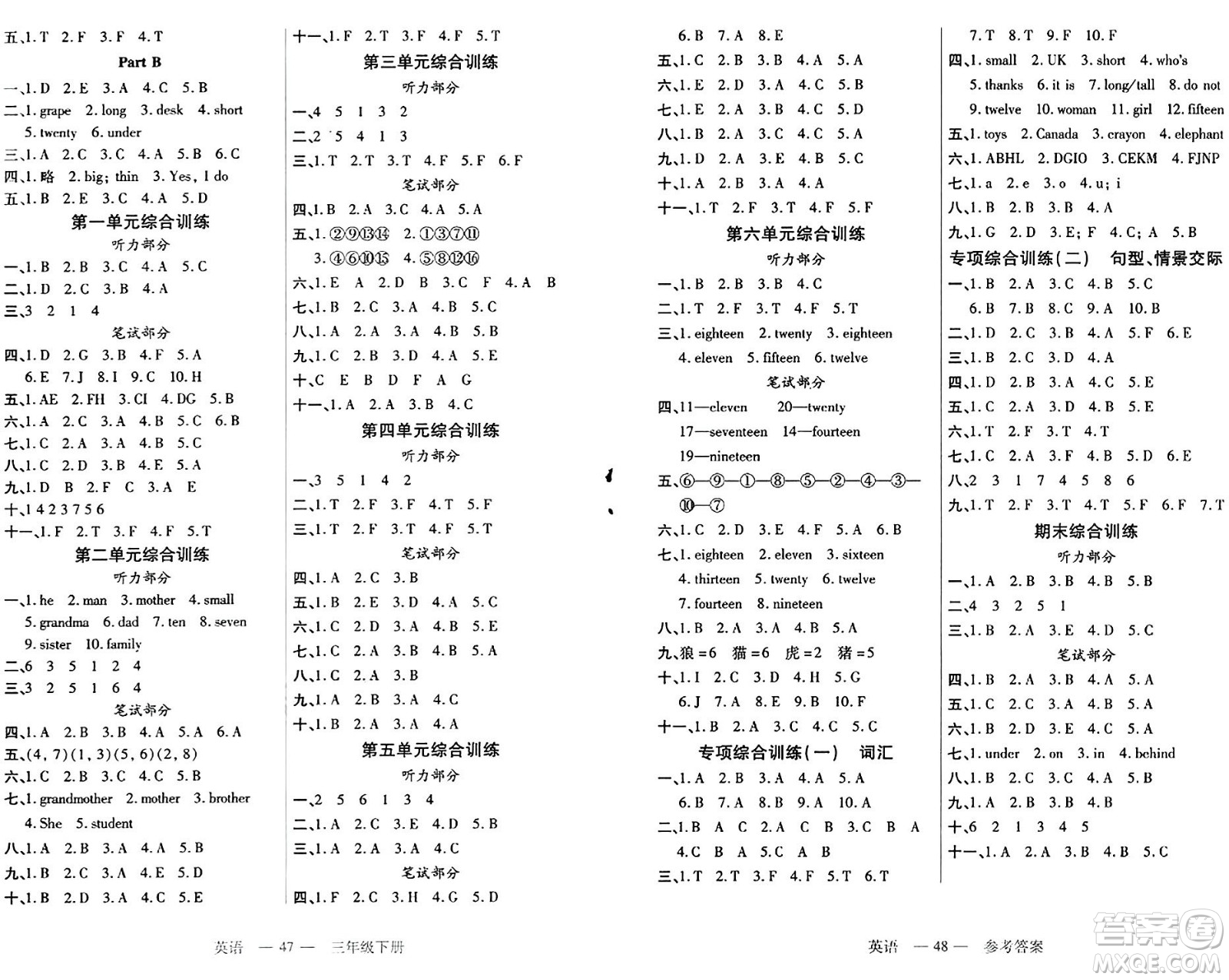 二十一世紀出版社集團2024年春新課程新練習(xí)三年級英語下冊人教PEP版答案