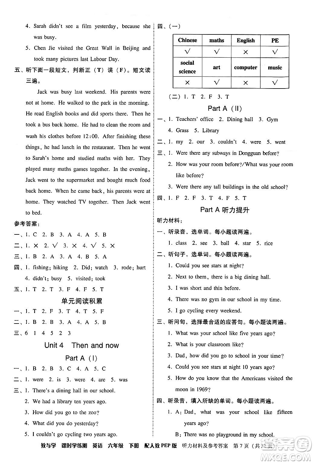 安徽人民出版社2024年春教與學課時學練測六年級英語下冊人教PEP版答案