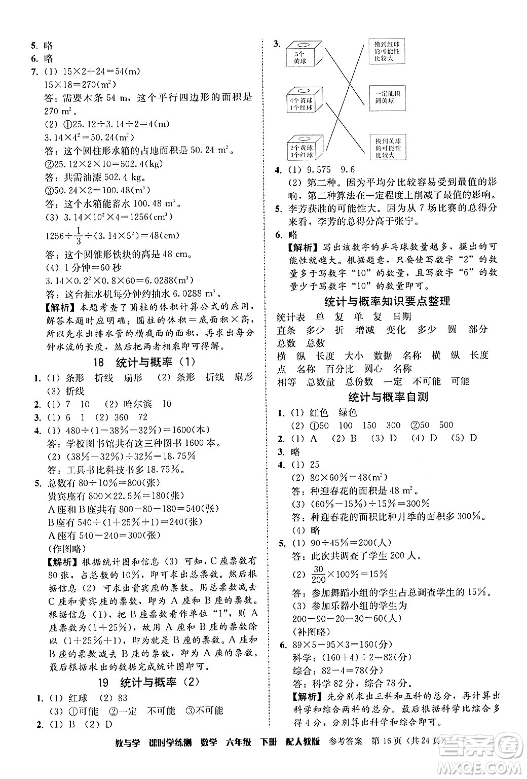 安徽人民出版社2024年春教與學課時學練測六年級數(shù)學下冊人教版答案