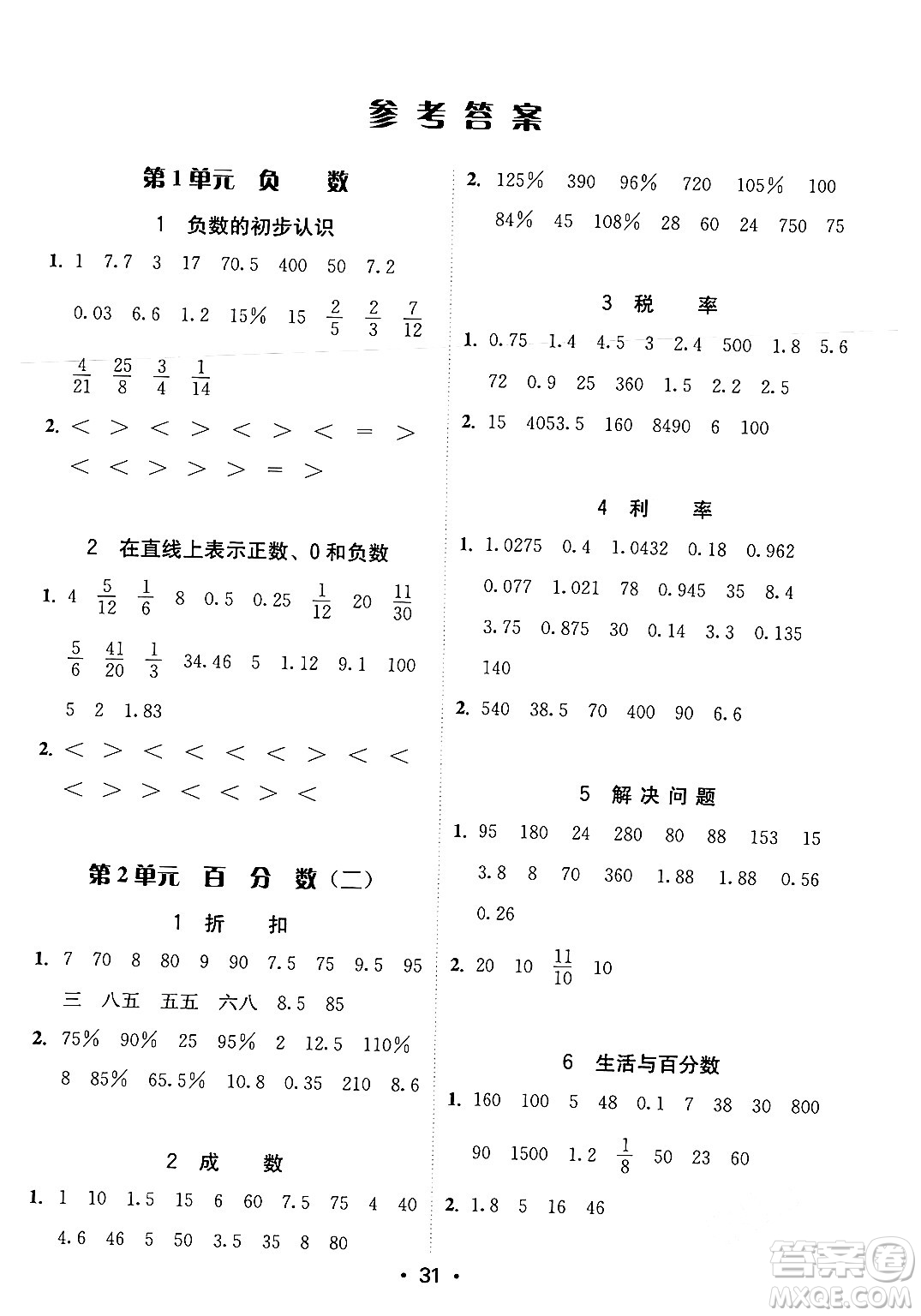安徽人民出版社2024年春教與學課時學練測六年級數(shù)學下冊人教版答案