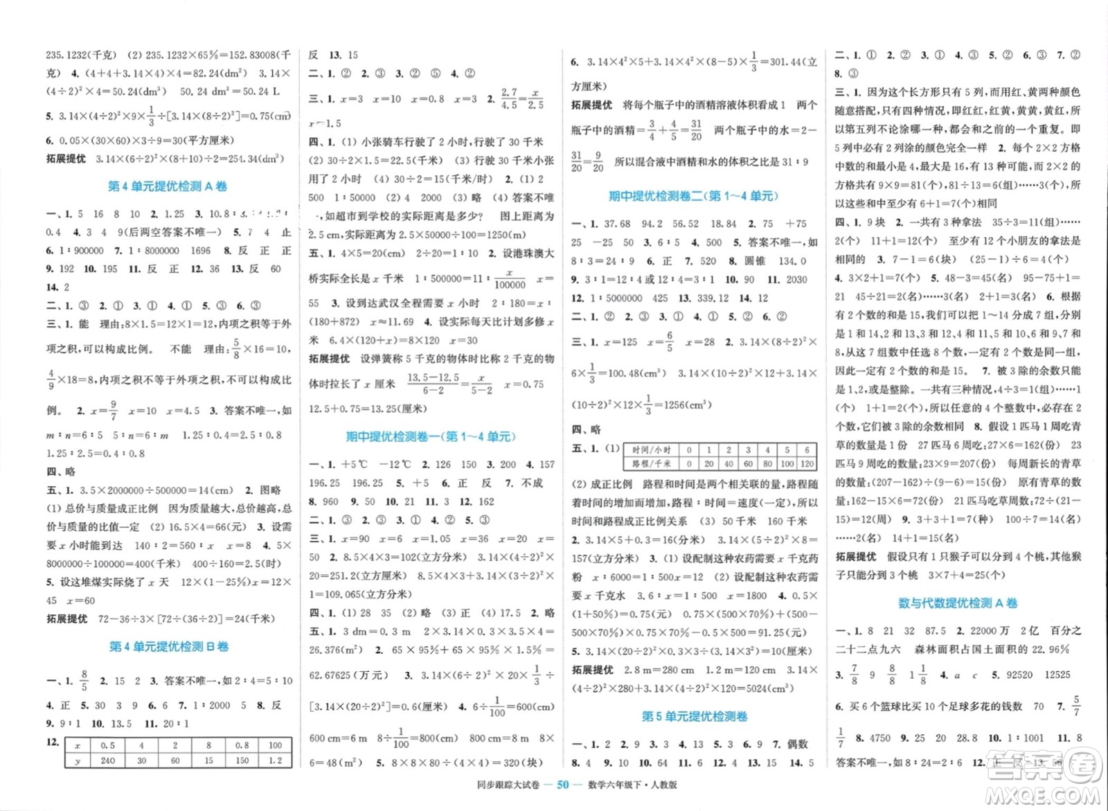 北方婦女兒童出版社2024年春金色課堂同步跟蹤大試卷六年級數學下冊人教版參考答案
