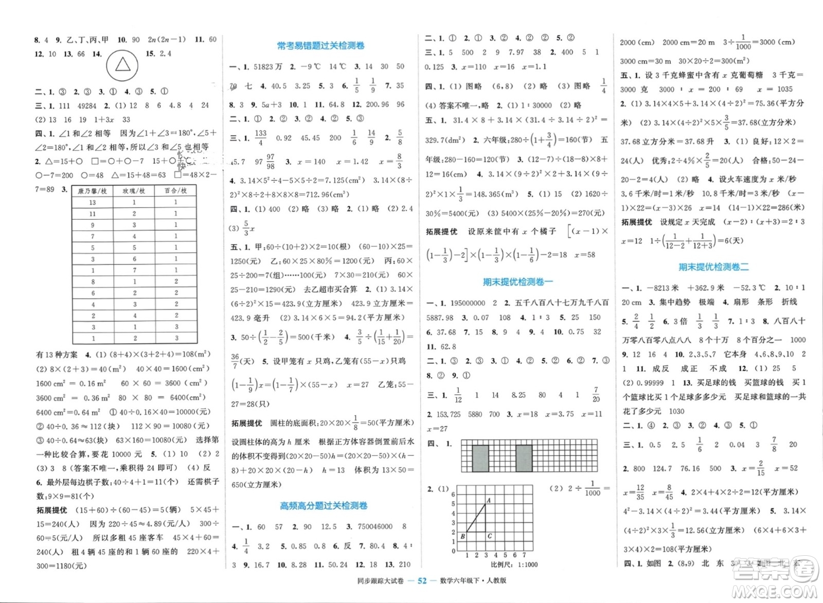 北方婦女兒童出版社2024年春金色課堂同步跟蹤大試卷六年級數學下冊人教版參考答案