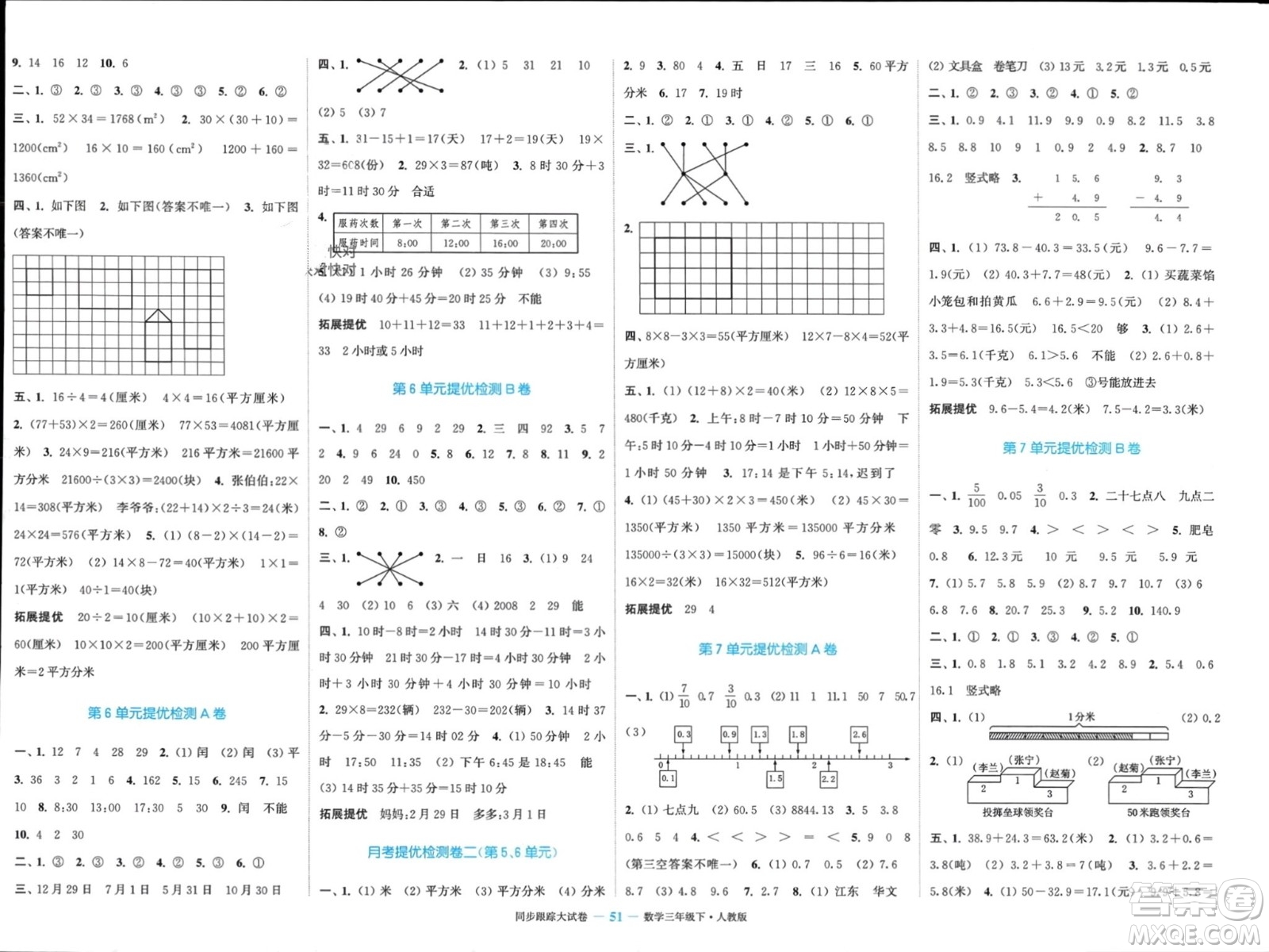 北方婦女兒童出版社2024年春金色課堂同步跟蹤大試卷三年級(jí)數(shù)學(xué)下冊(cè)人教版參考答案