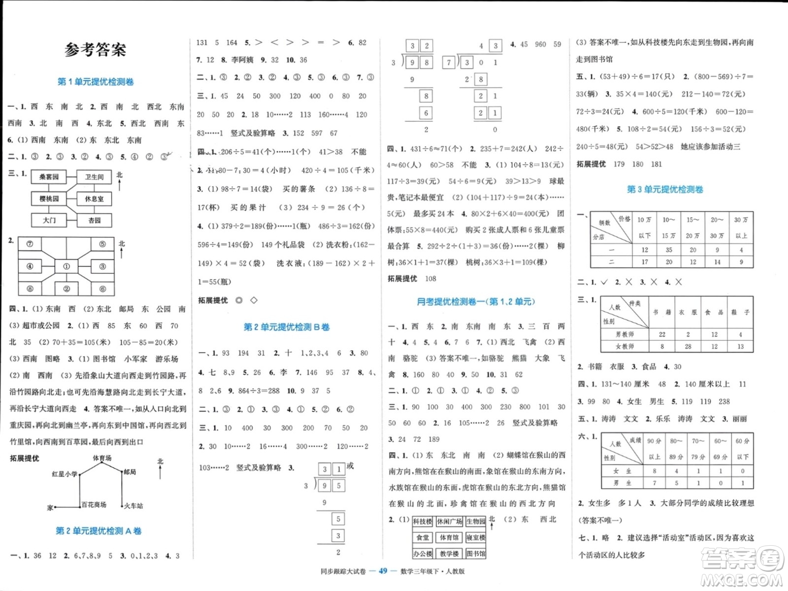 北方婦女兒童出版社2024年春金色課堂同步跟蹤大試卷三年級(jí)數(shù)學(xué)下冊(cè)人教版參考答案
