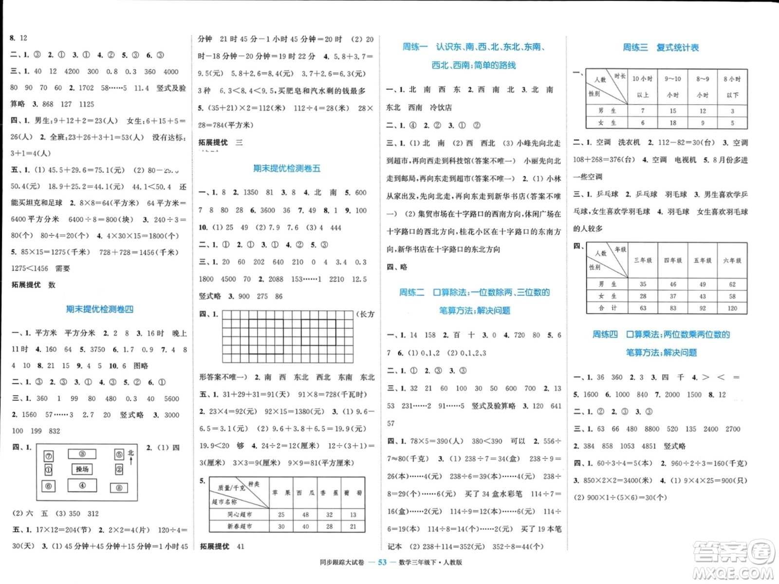 北方婦女兒童出版社2024年春金色課堂同步跟蹤大試卷三年級(jí)數(shù)學(xué)下冊(cè)人教版參考答案