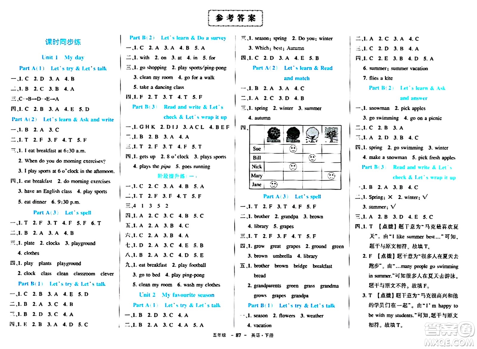 長(zhǎng)江出版社2024年春狀元成才路狀元作業(yè)本五年級(jí)英語(yǔ)下冊(cè)人教PEP版答案