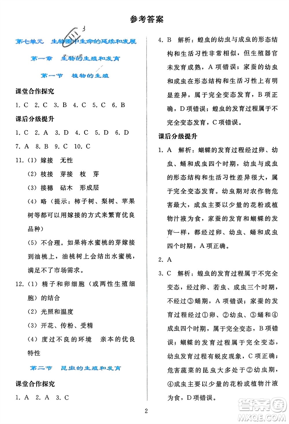 人民教育出版社2024年春同步輕松練習(xí)八年級(jí)生物下冊(cè)人教版參考答案