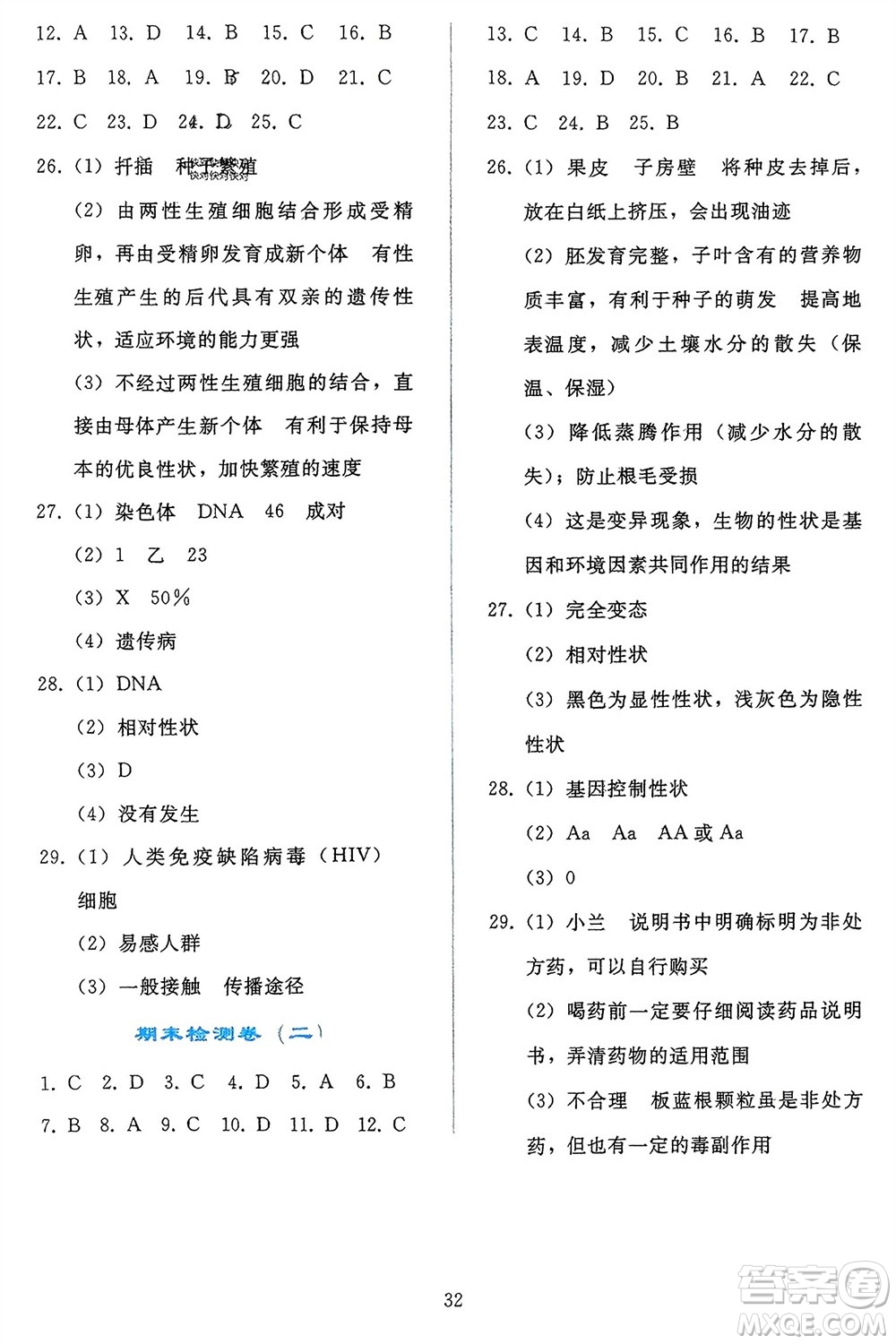 人民教育出版社2024年春同步輕松練習(xí)八年級(jí)生物下冊(cè)人教版參考答案
