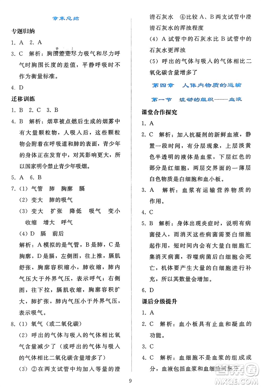 人民教育出版社2024年春同步輕松練習(xí)七年級生物下冊人教版參考答案