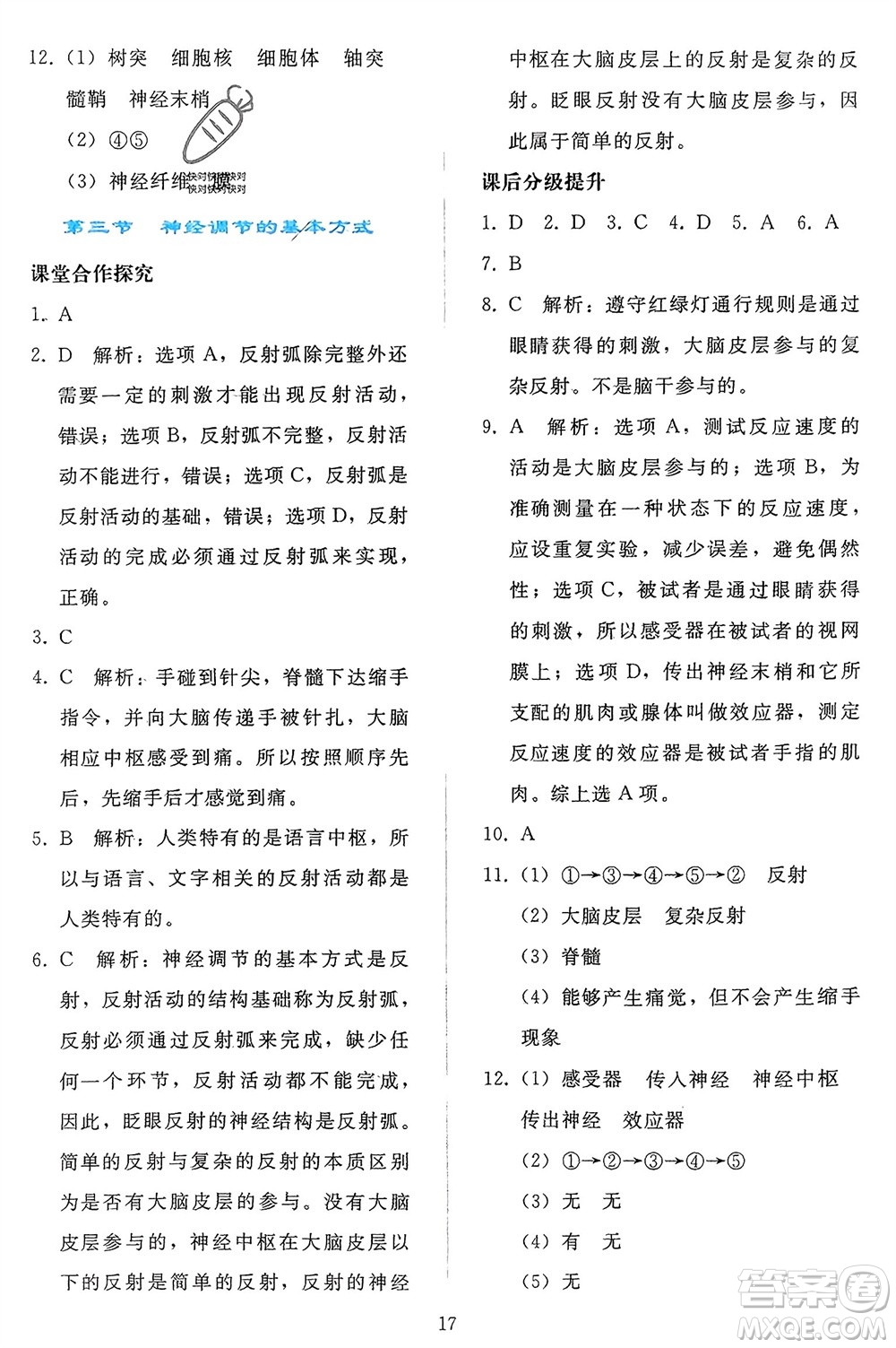 人民教育出版社2024年春同步輕松練習(xí)七年級生物下冊人教版參考答案