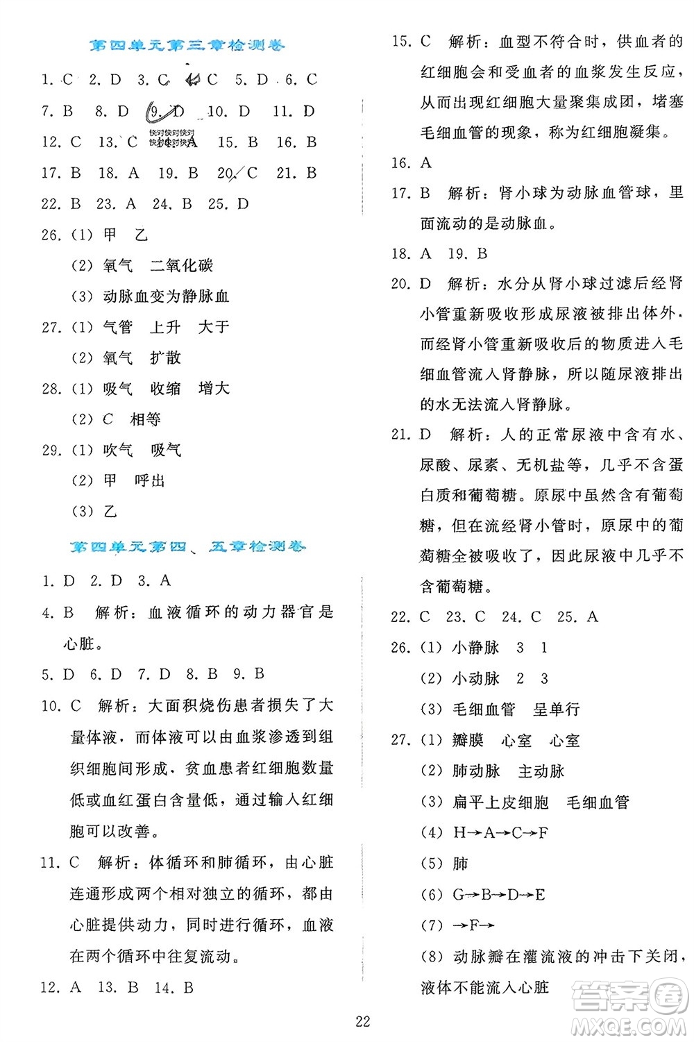 人民教育出版社2024年春同步輕松練習(xí)七年級生物下冊人教版參考答案