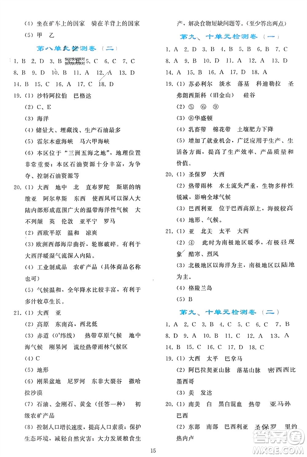 人民教育出版社2024年春同步輕松練習(xí)七年級(jí)地理下冊(cè)人教版參考答案