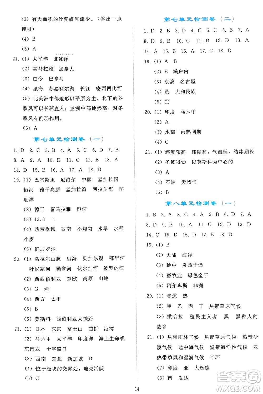 人民教育出版社2024年春同步輕松練習(xí)七年級地理下冊人教版遼寧專版參考答案