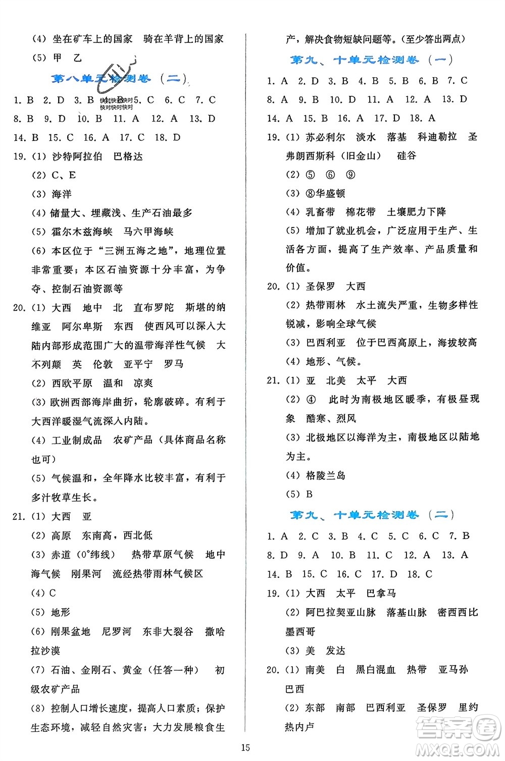 人民教育出版社2024年春同步輕松練習(xí)七年級地理下冊人教版遼寧專版參考答案