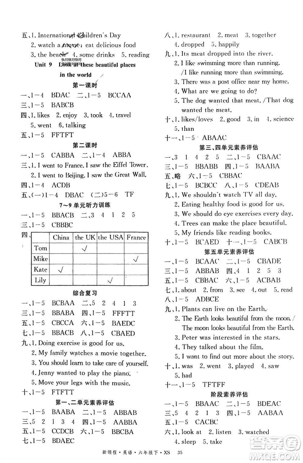 湖南大學出版社2024年春新領程六年級英語下冊西師版參考答案