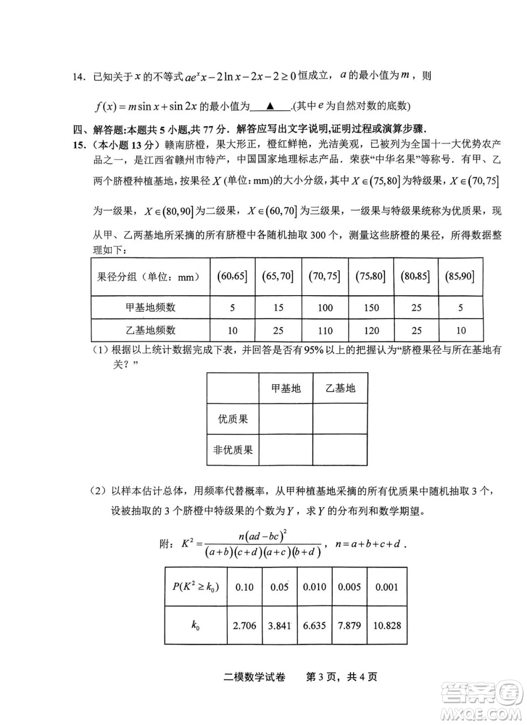 2024屆上饒高三二模數(shù)學(xué)試題答案