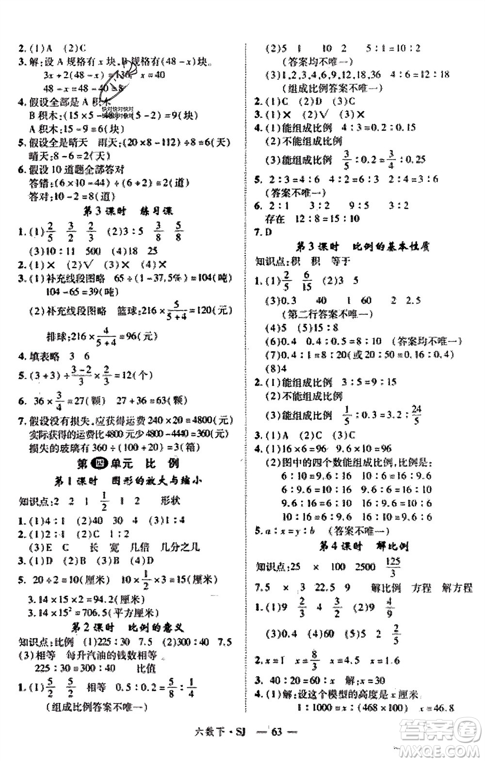 寧夏人民教育出版社2024年春新領(lǐng)程六年級數(shù)學(xué)下冊蘇教版參考答案