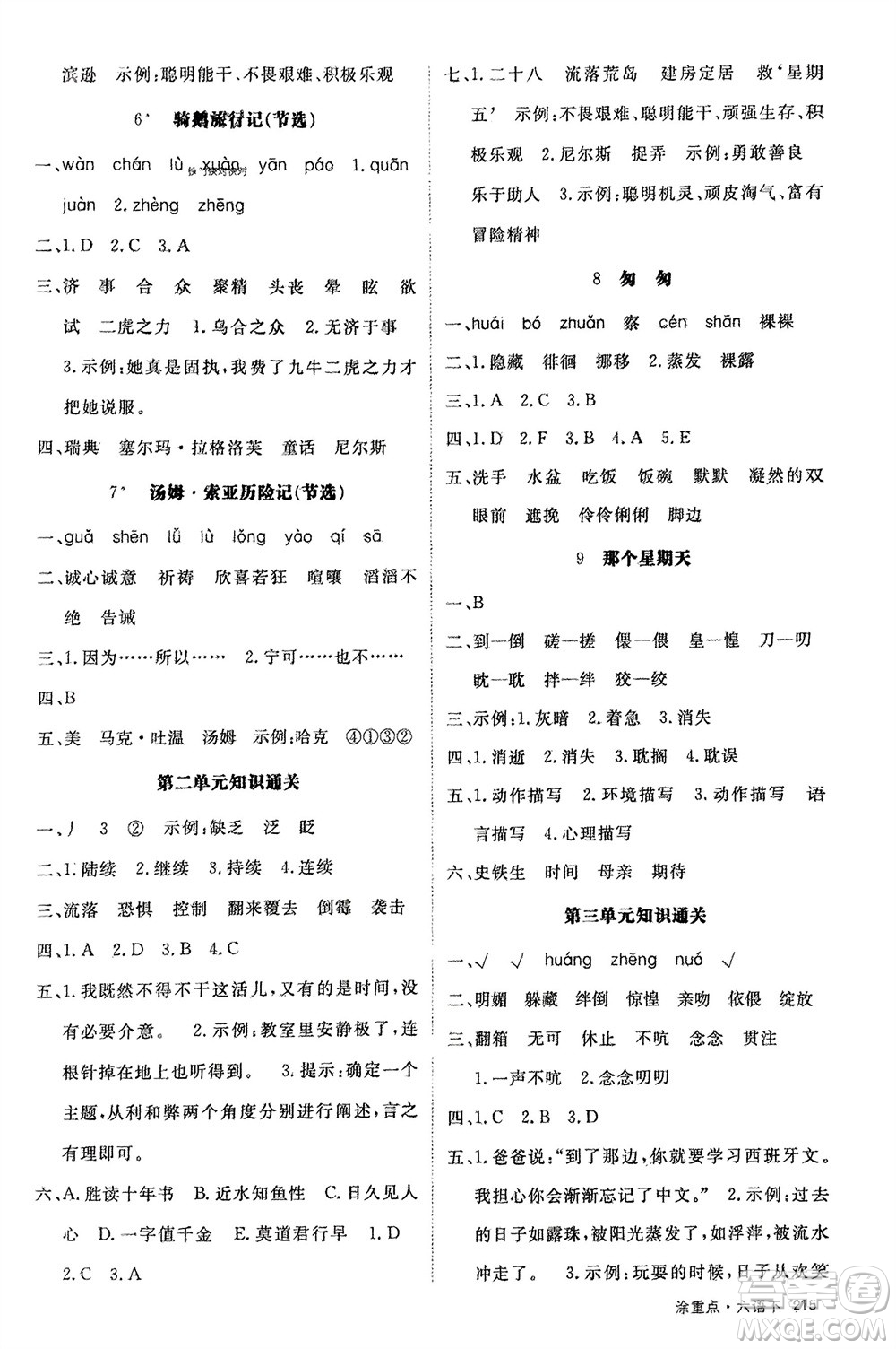 寧夏人民教育出版社2024年春新領(lǐng)程涂重點六年級語文下冊通用版參考答案