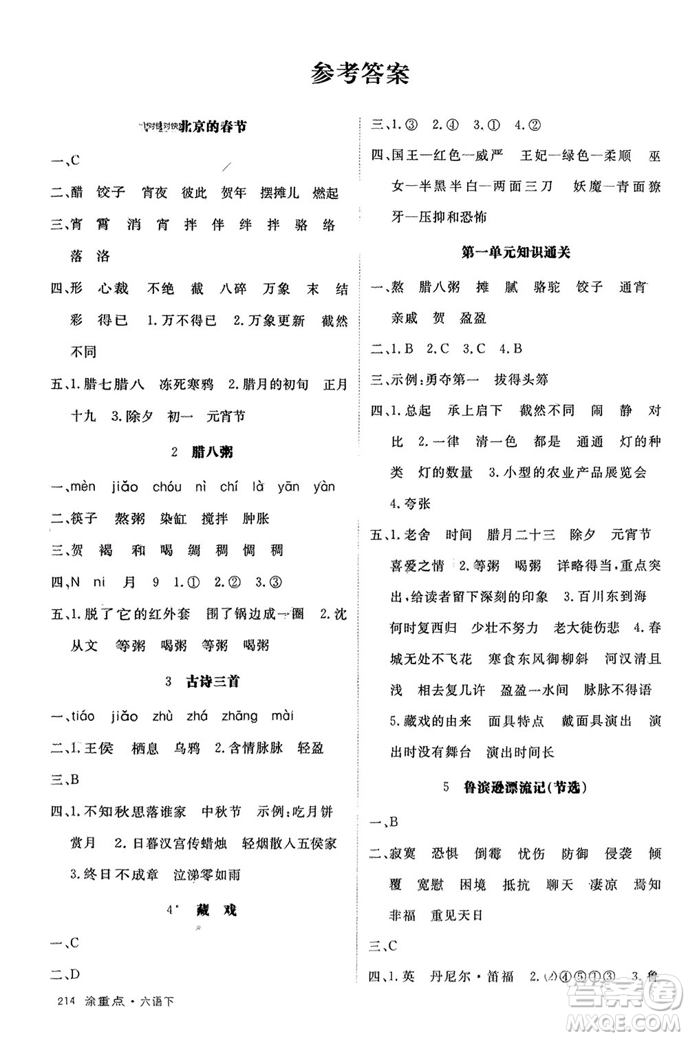 寧夏人民教育出版社2024年春新領(lǐng)程涂重點六年級語文下冊通用版參考答案