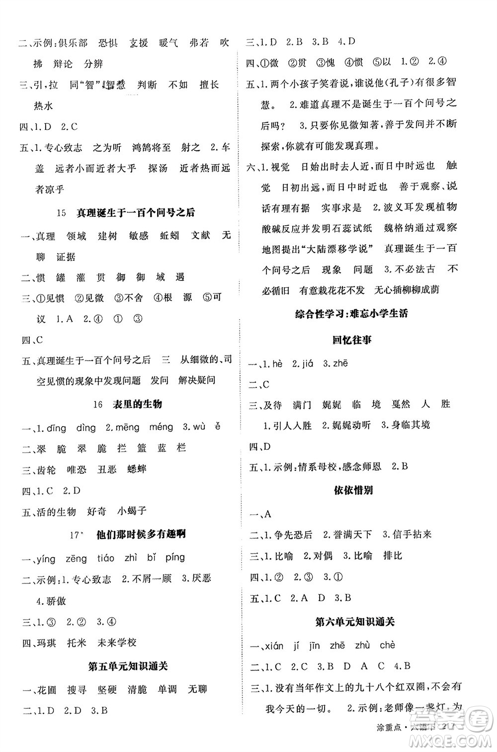 寧夏人民教育出版社2024年春新領(lǐng)程涂重點六年級語文下冊通用版參考答案