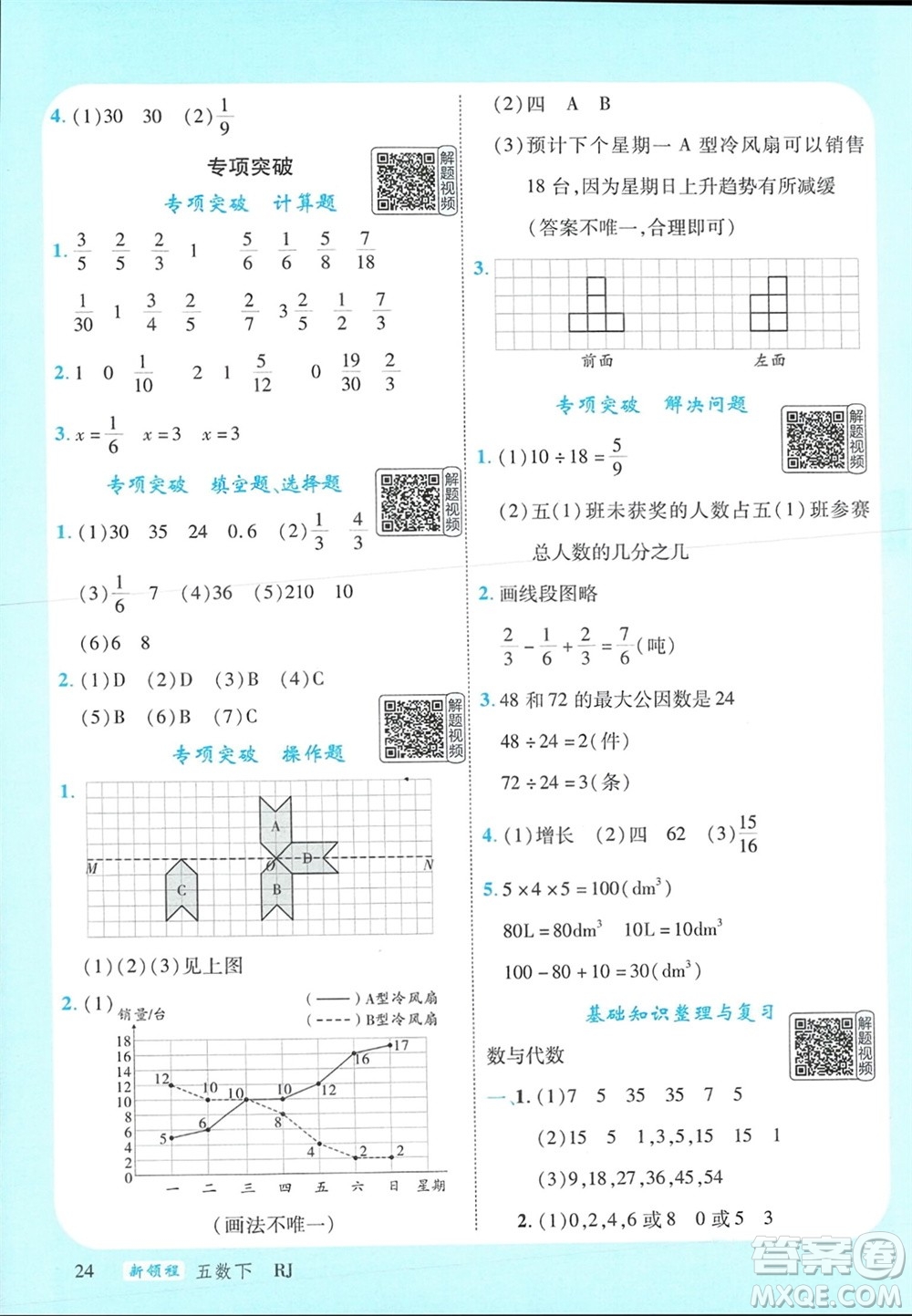 延邊大學出版社2024年春新領程五年級數學下冊人教版參考答案