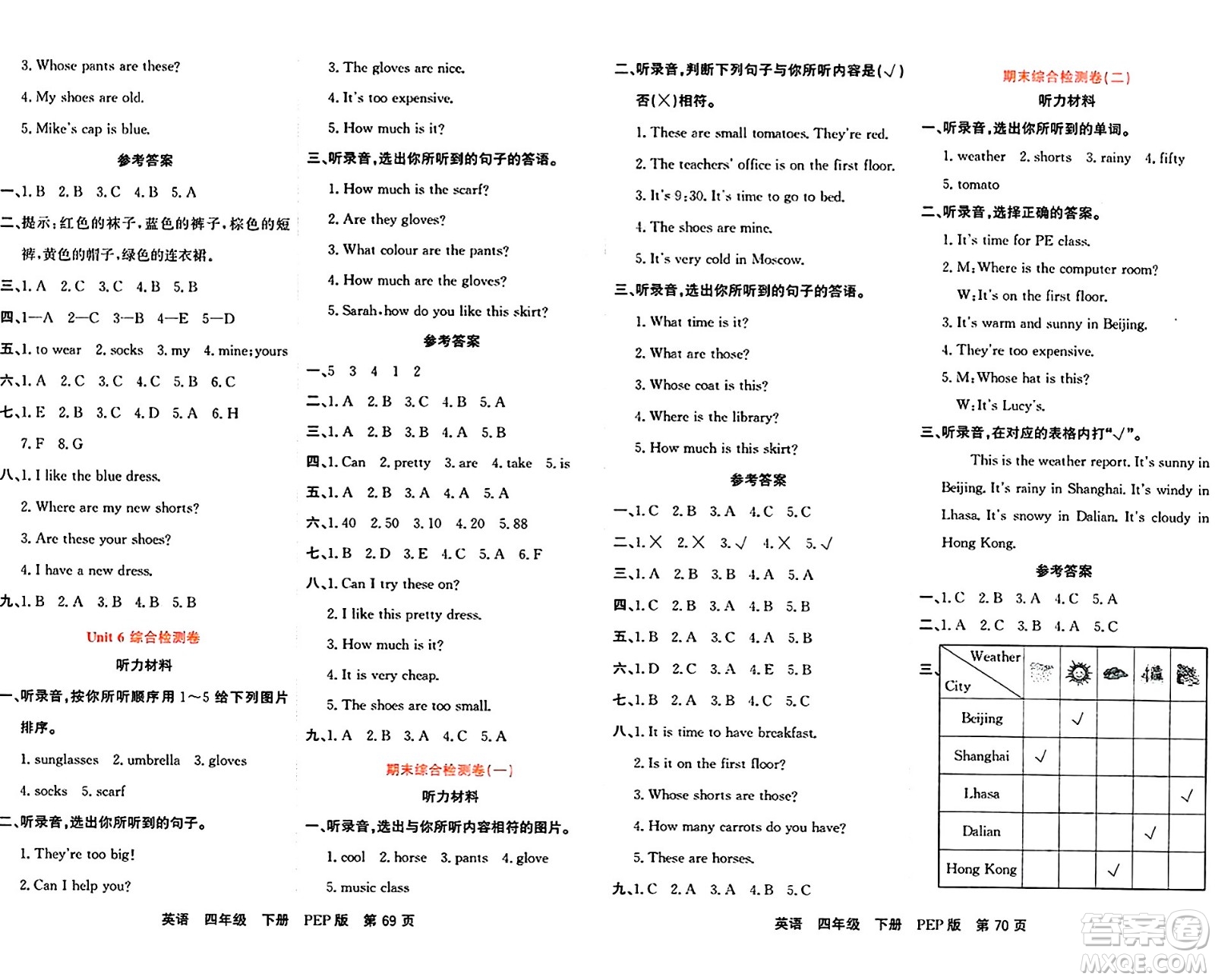 吉林教育出版社2024年春名校闖關(guān)單元測(cè)試卷四年級(jí)英語(yǔ)下冊(cè)人教PEP版答案