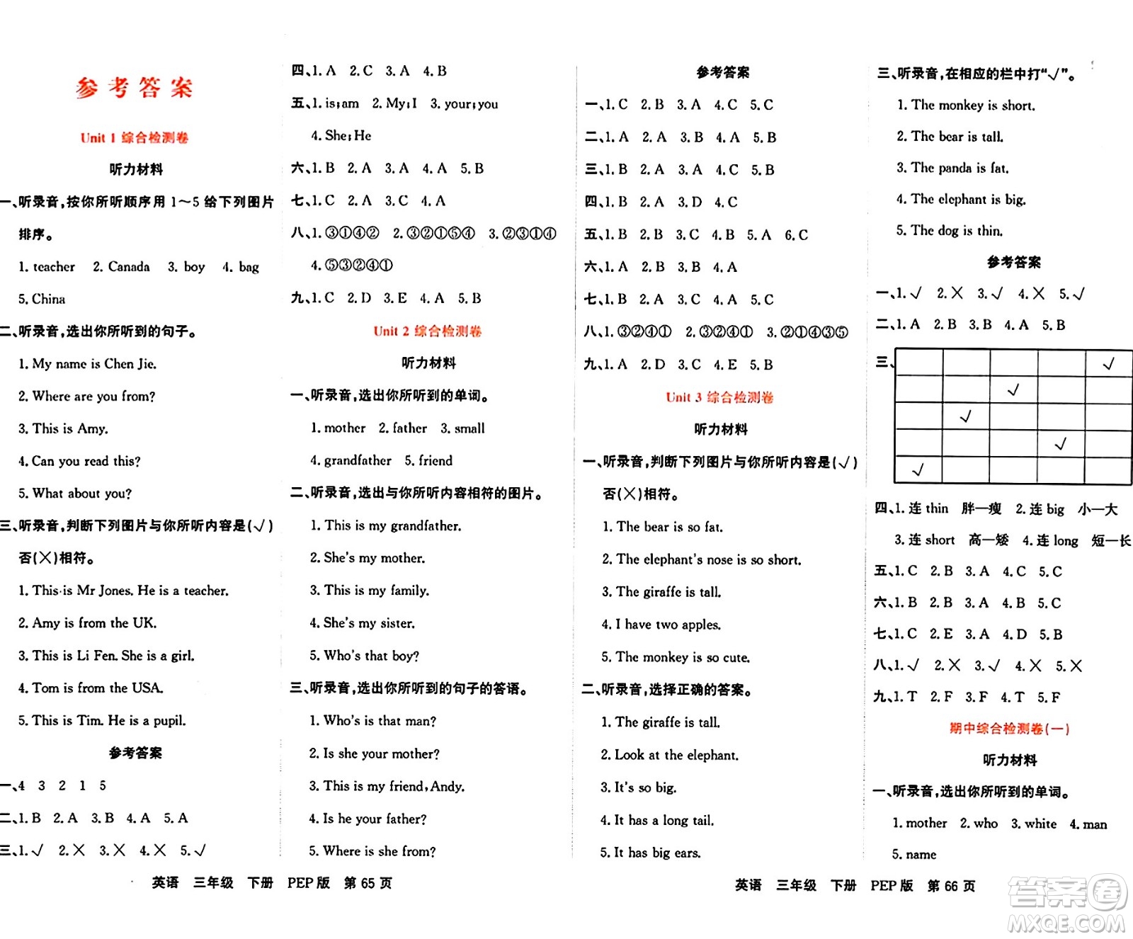 吉林教育出版社2024年春名校闖關(guān)單元測試卷三年級英語下冊人教PEP版答案