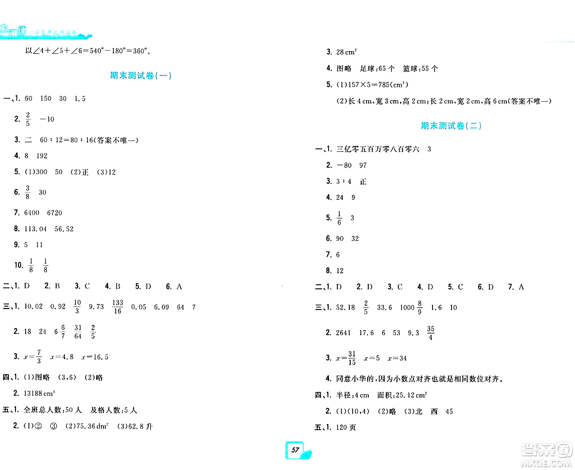 浙江工商大學(xué)出版社2024年春學(xué)力測(cè)評(píng)小學(xué)生單元測(cè)試卷六年級(jí)數(shù)學(xué)下冊(cè)通用版答案