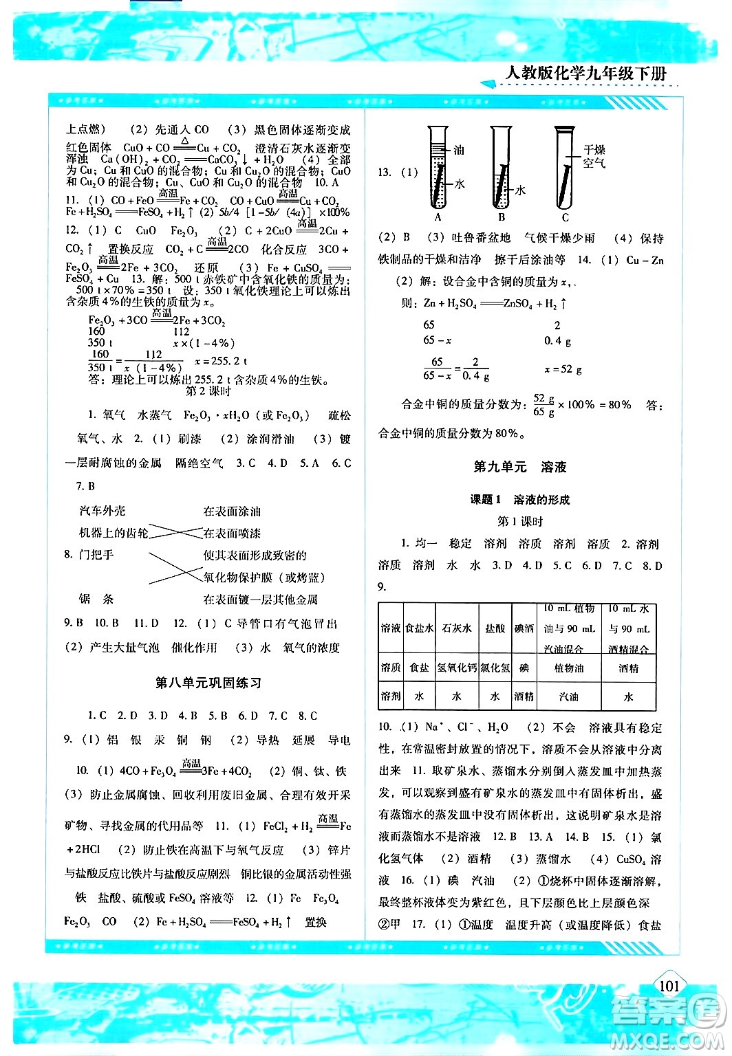 湖南少年兒童出版社2024年春同步實(shí)踐評(píng)價(jià)課程基礎(chǔ)訓(xùn)練九年級(jí)化學(xué)下冊(cè)人教版答案