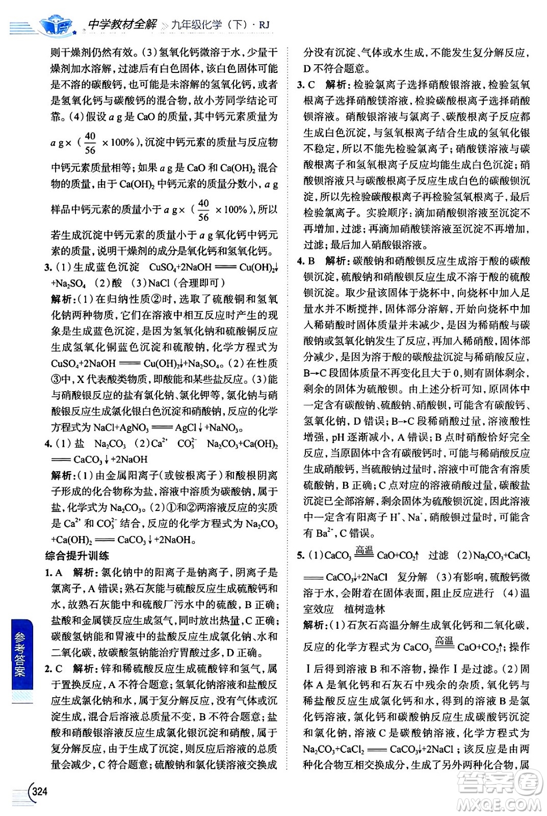 陜西人民教育出版社2024年春中學(xué)教材全解九年級化學(xué)下冊人教版答案