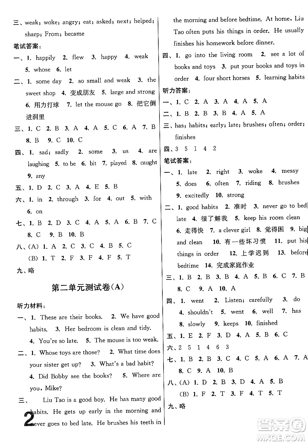 江蘇鳳凰美術(shù)出版社2024年春隨堂測試卷六年級英語下冊江蘇版答案