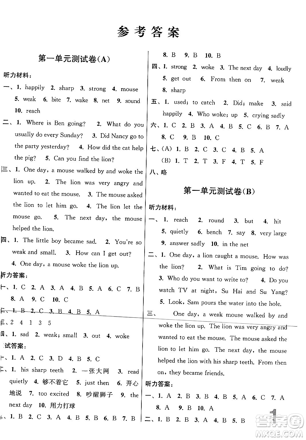 江蘇鳳凰美術(shù)出版社2024年春隨堂測試卷六年級英語下冊江蘇版答案