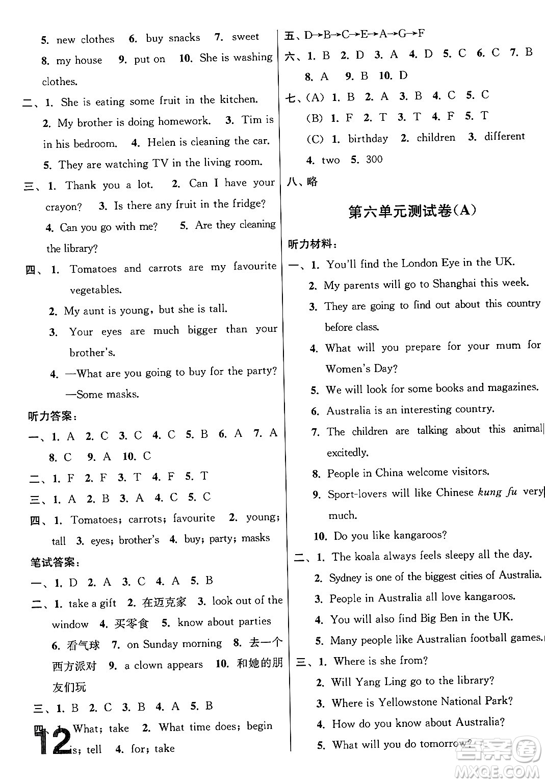 江蘇鳳凰美術(shù)出版社2024年春隨堂測試卷六年級英語下冊江蘇版答案