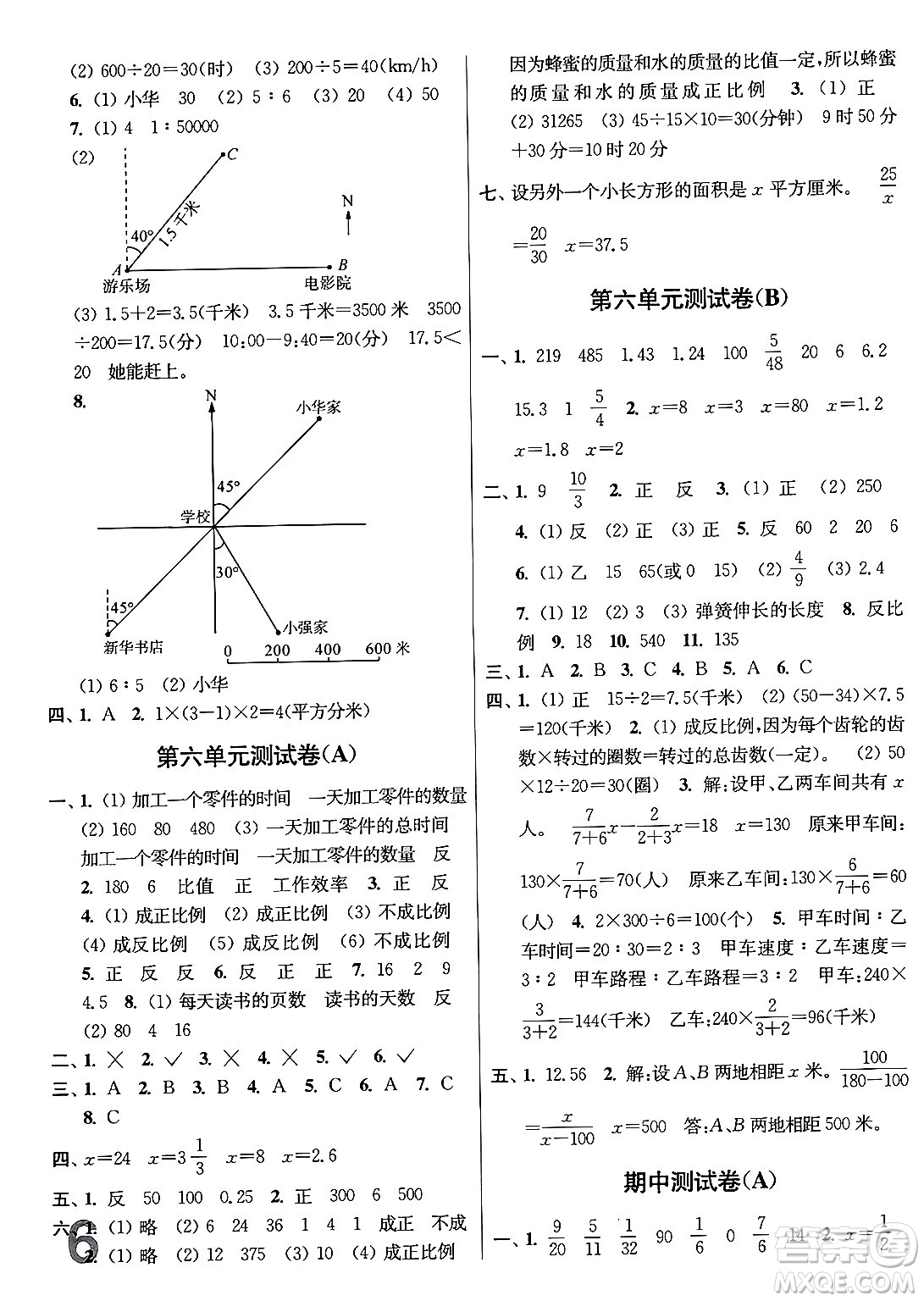 江蘇鳳凰美術(shù)出版社2024年春隨堂測(cè)試卷六年級(jí)數(shù)學(xué)下冊(cè)江蘇版答案