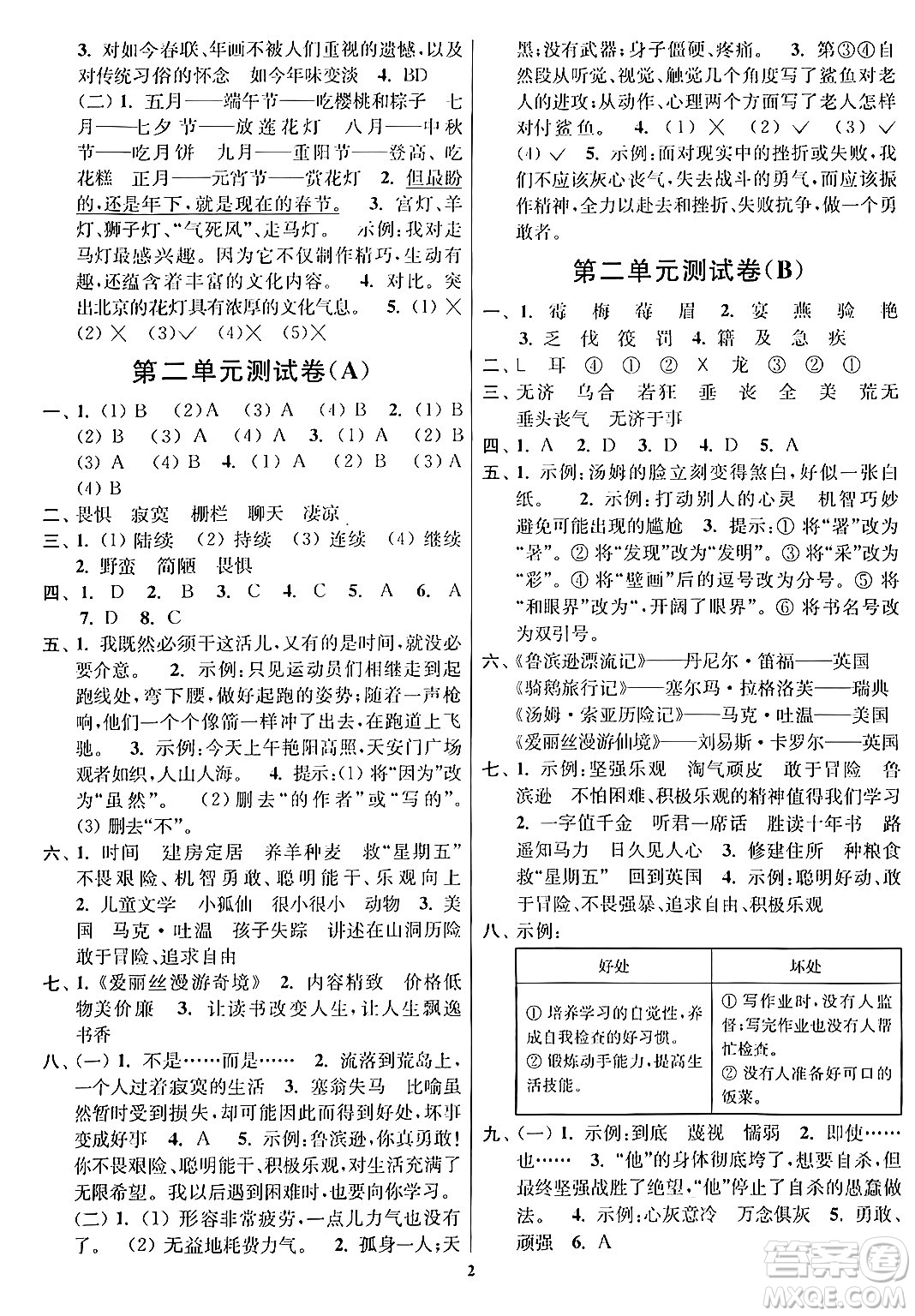 江蘇鳳凰美術(shù)出版社2024年春隨堂測試卷六年級語文下冊全國版答案