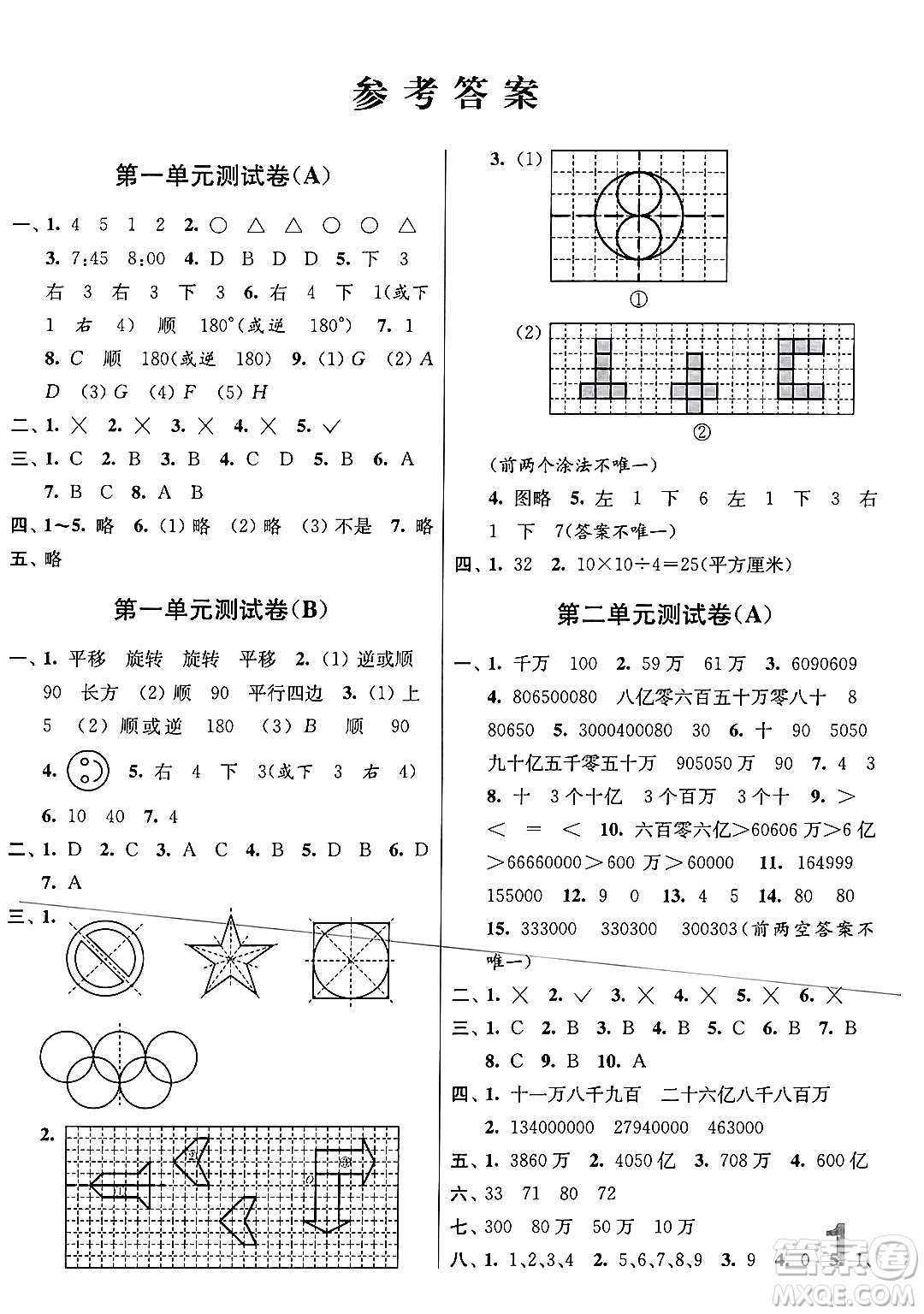 江蘇鳳凰美術(shù)出版社2024年春隨堂測試卷四年級數(shù)學下冊江蘇版答案