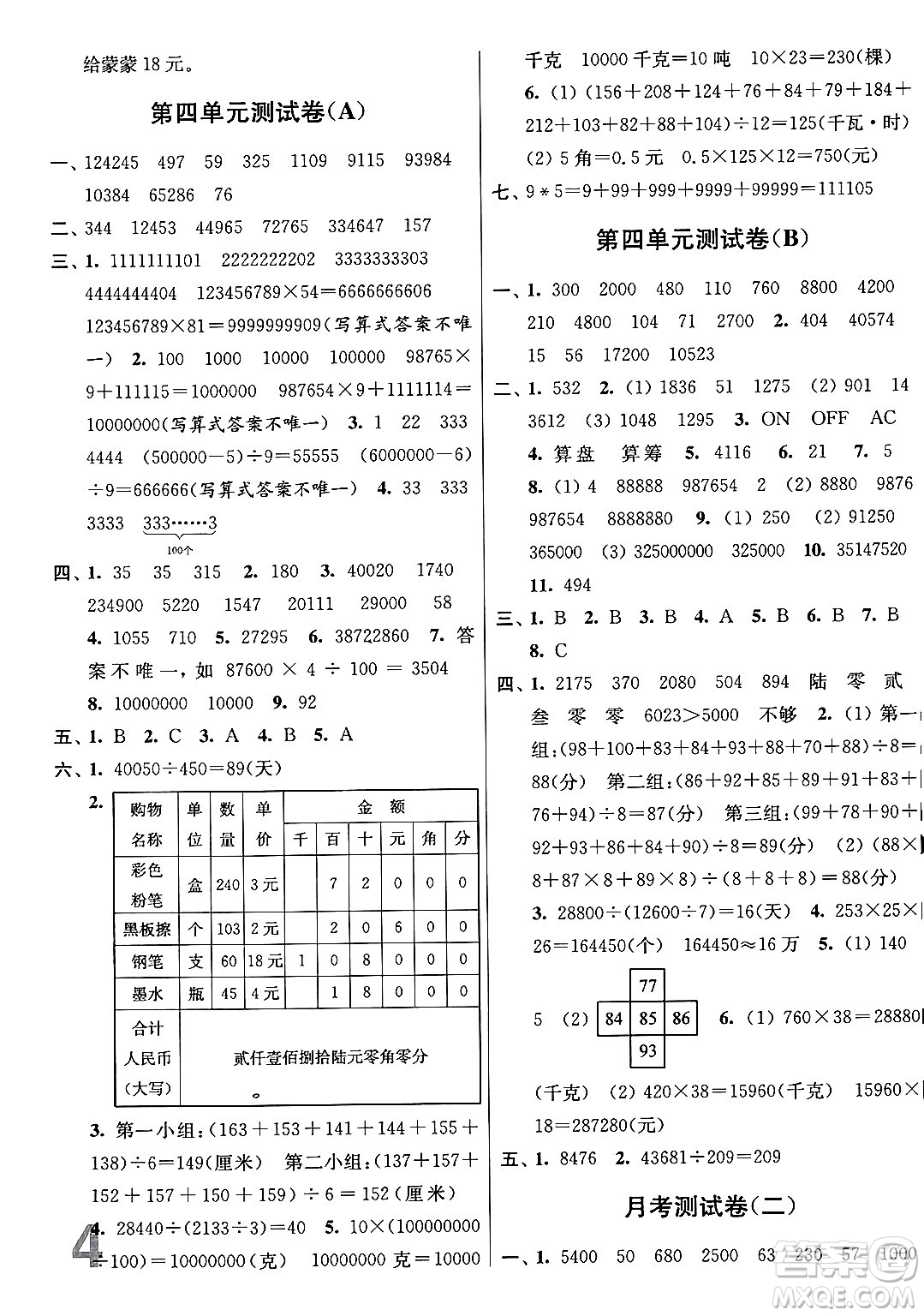 江蘇鳳凰美術(shù)出版社2024年春隨堂測試卷四年級數(shù)學下冊江蘇版答案