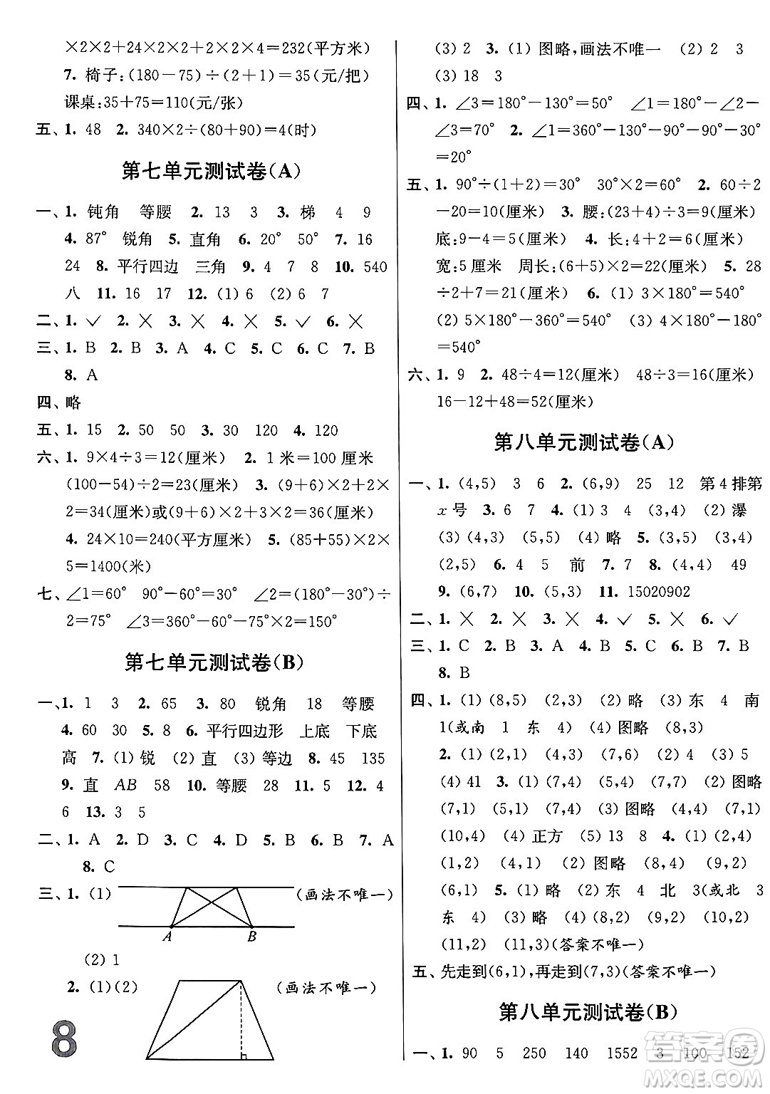 江蘇鳳凰美術(shù)出版社2024年春隨堂測試卷四年級數(shù)學下冊江蘇版答案