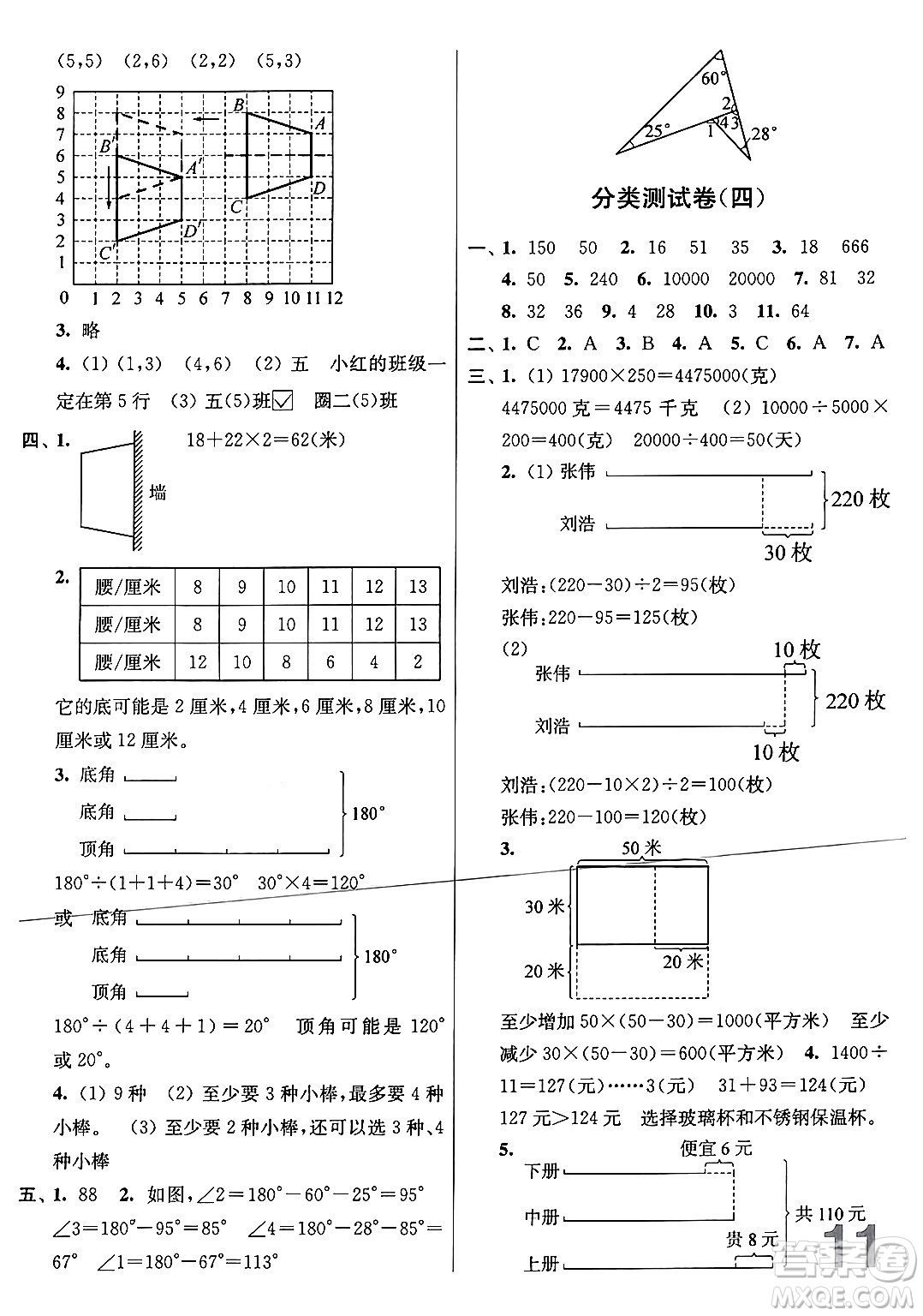 江蘇鳳凰美術(shù)出版社2024年春隨堂測試卷四年級數(shù)學下冊江蘇版答案