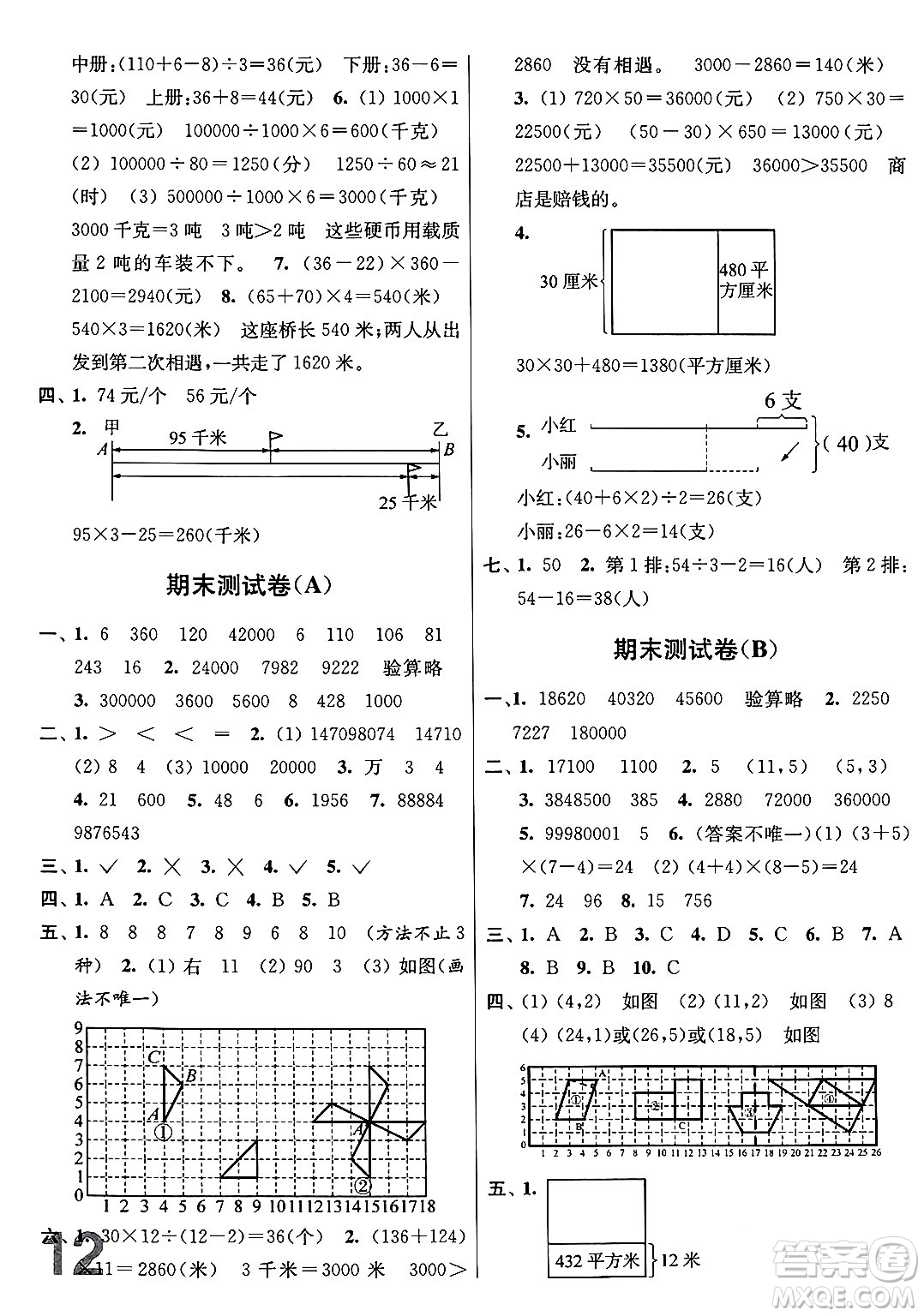 江蘇鳳凰美術(shù)出版社2024年春隨堂測試卷四年級數(shù)學下冊江蘇版答案