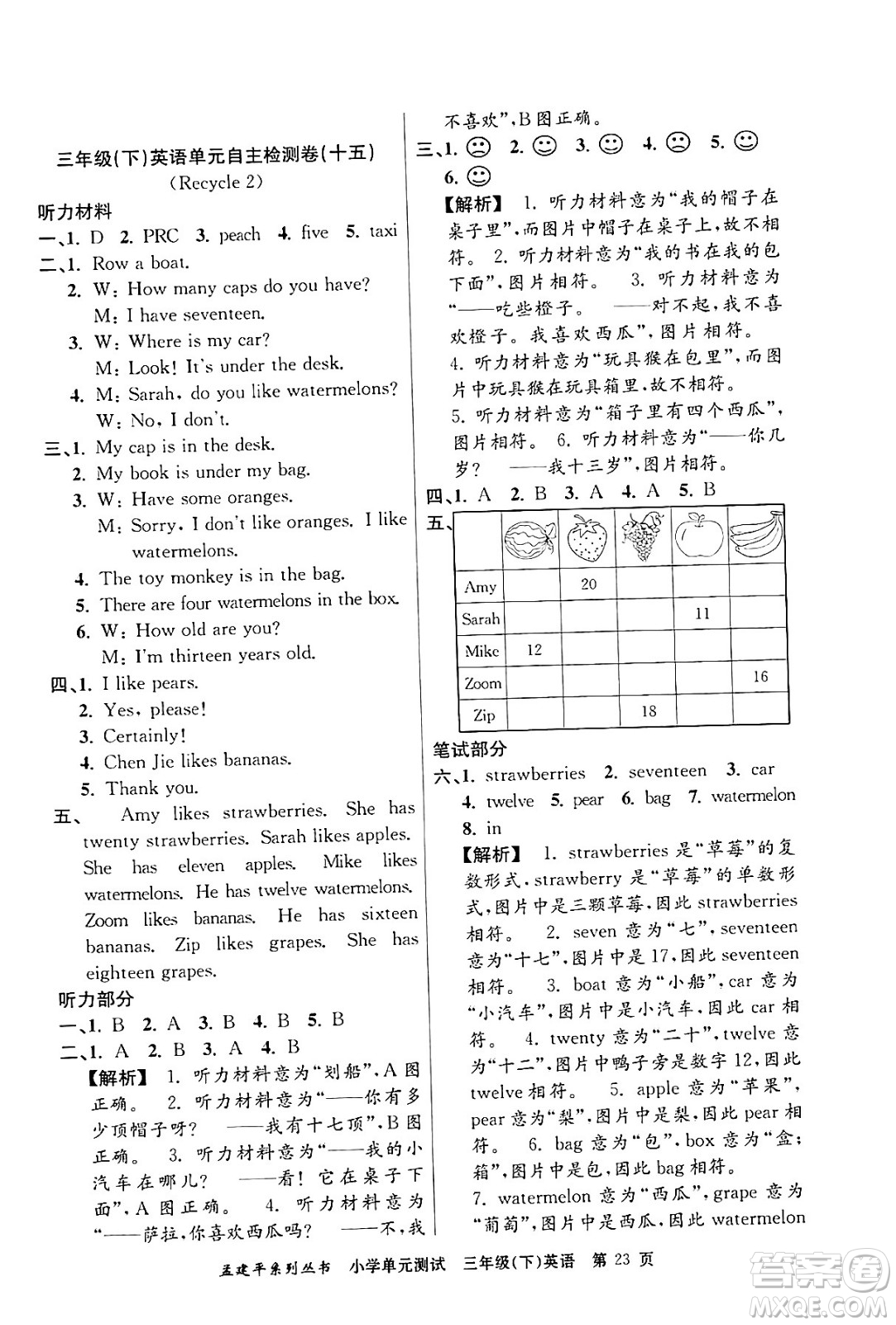 浙江工商大學(xué)出版社2024年春孟建平小學(xué)單元測(cè)試三年級(jí)英語(yǔ)下冊(cè)人教PEP版答案