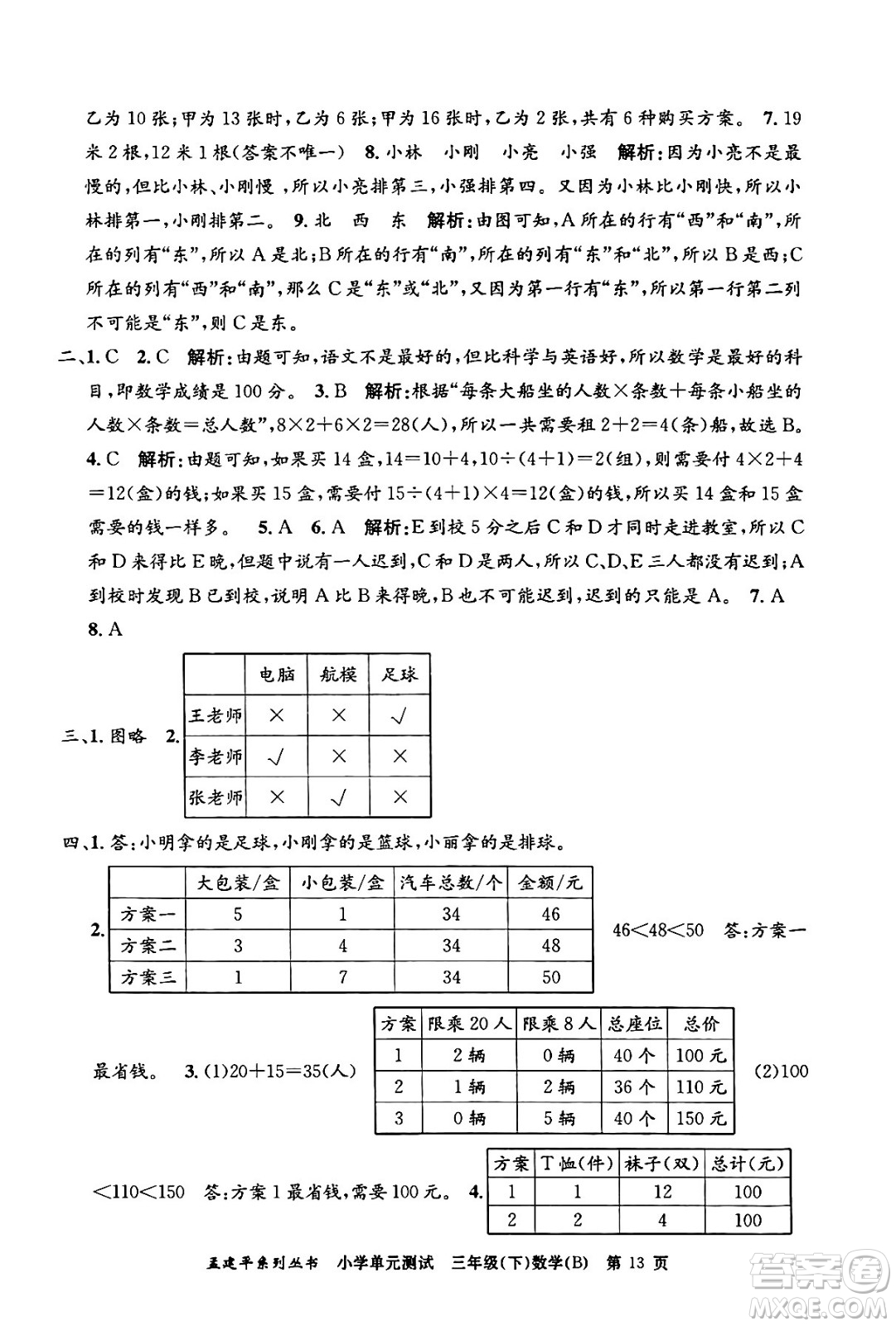 浙江工商大學(xué)出版社2024年春孟建平小學(xué)單元測(cè)試三年級(jí)數(shù)學(xué)下冊(cè)北師大版答案