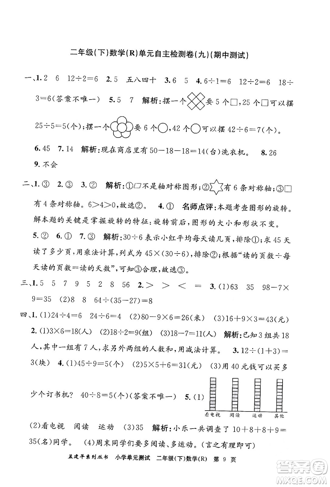 浙江工商大學(xué)出版社2024年春孟建平小學(xué)單元測(cè)試二年級(jí)數(shù)學(xué)下冊(cè)人教版答案