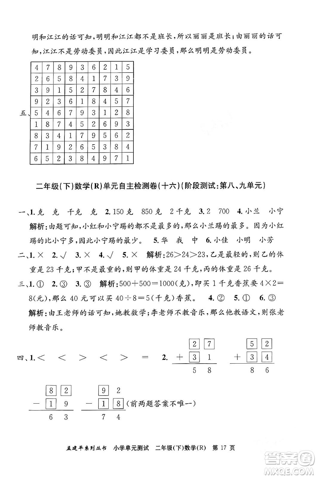 浙江工商大學(xué)出版社2024年春孟建平小學(xué)單元測(cè)試二年級(jí)數(shù)學(xué)下冊(cè)人教版答案