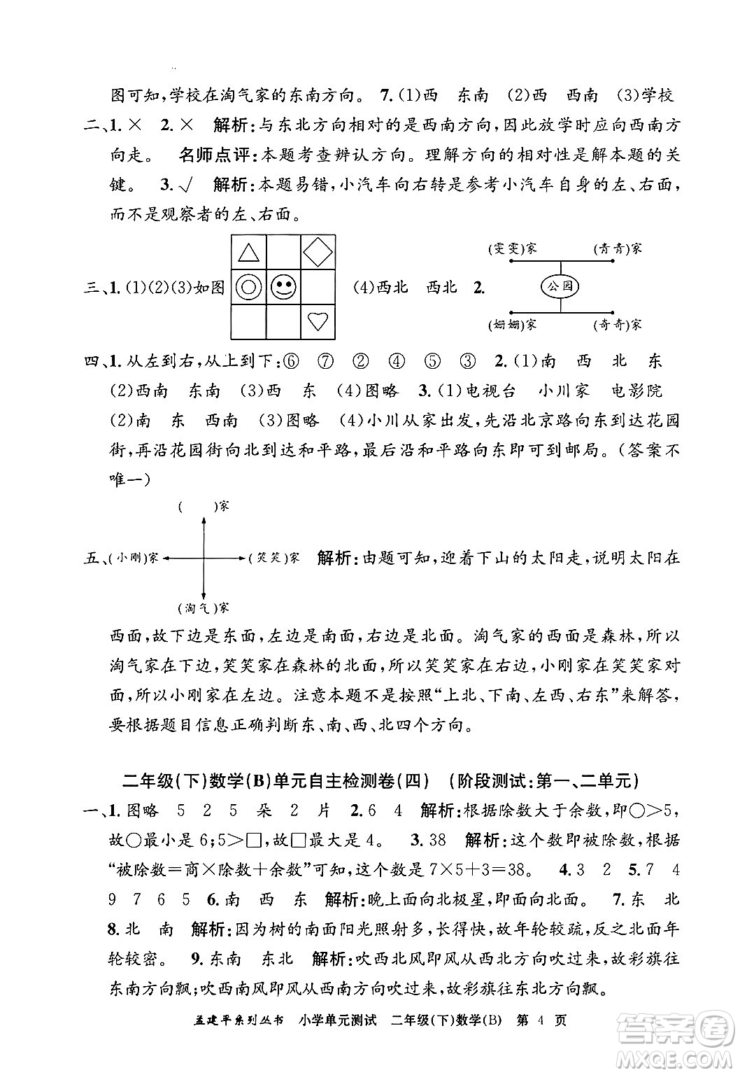 浙江工商大學(xué)出版社2024年春孟建平小學(xué)單元測試二年級數(shù)學(xué)下冊北師大版答案