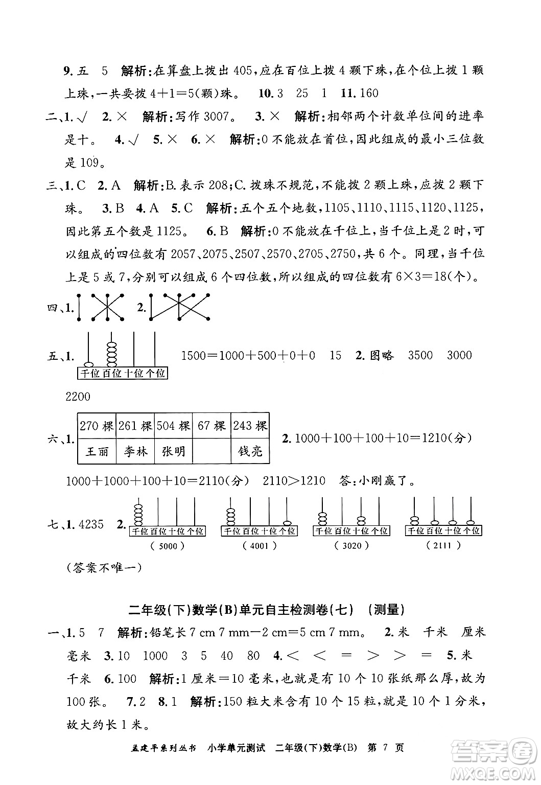 浙江工商大學(xué)出版社2024年春孟建平小學(xué)單元測試二年級數(shù)學(xué)下冊北師大版答案