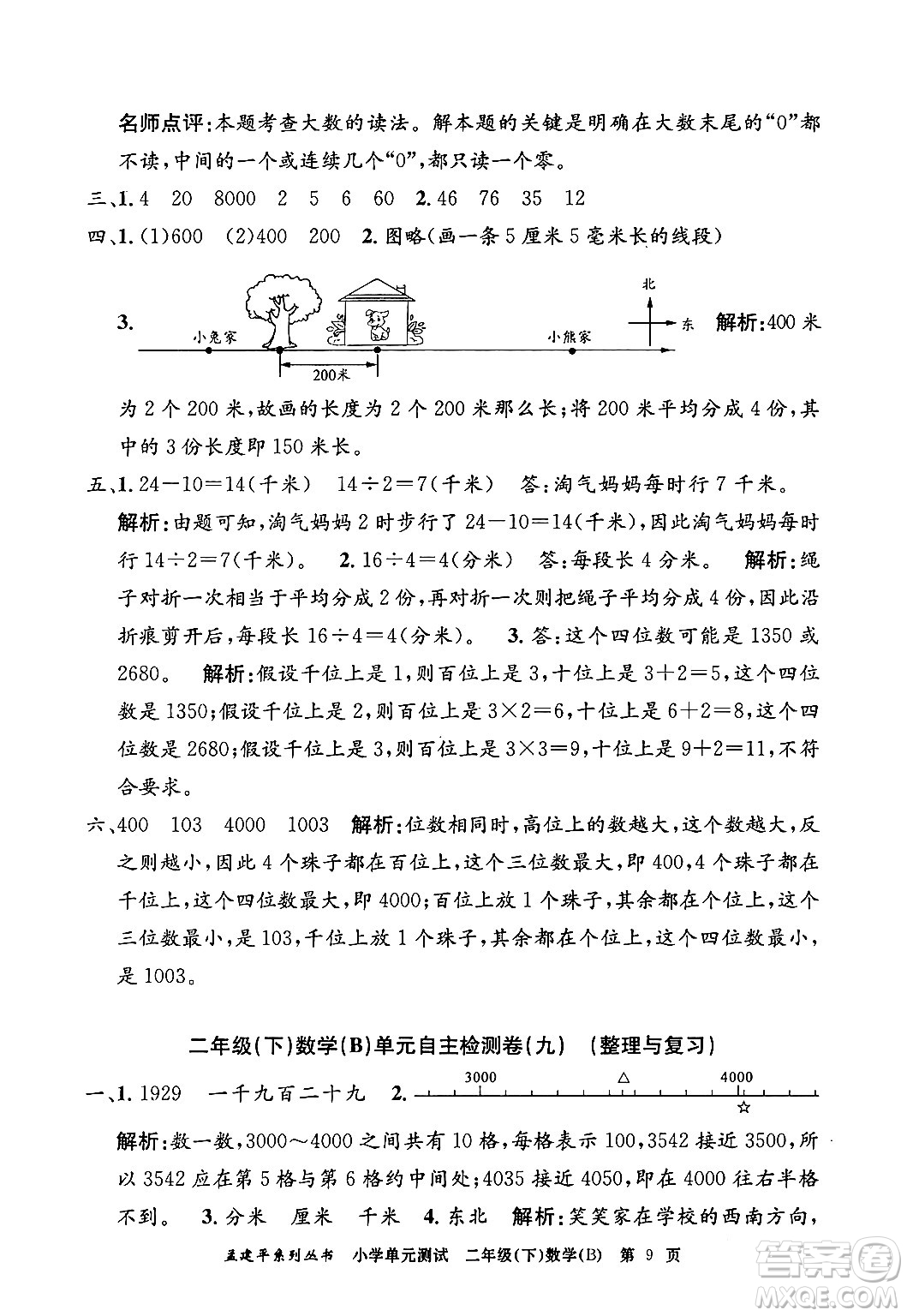 浙江工商大學(xué)出版社2024年春孟建平小學(xué)單元測試二年級數(shù)學(xué)下冊北師大版答案