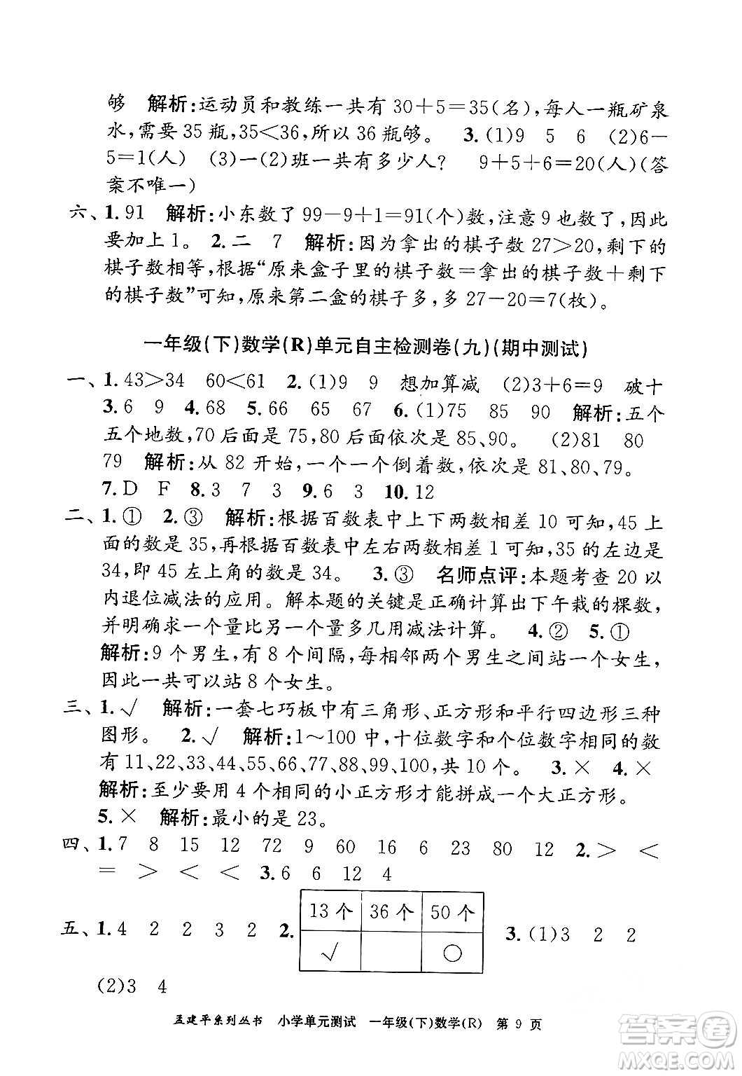 浙江工商大學(xué)出版社2024年春孟建平小學(xué)單元測試一年級數(shù)學(xué)下冊人教版答案